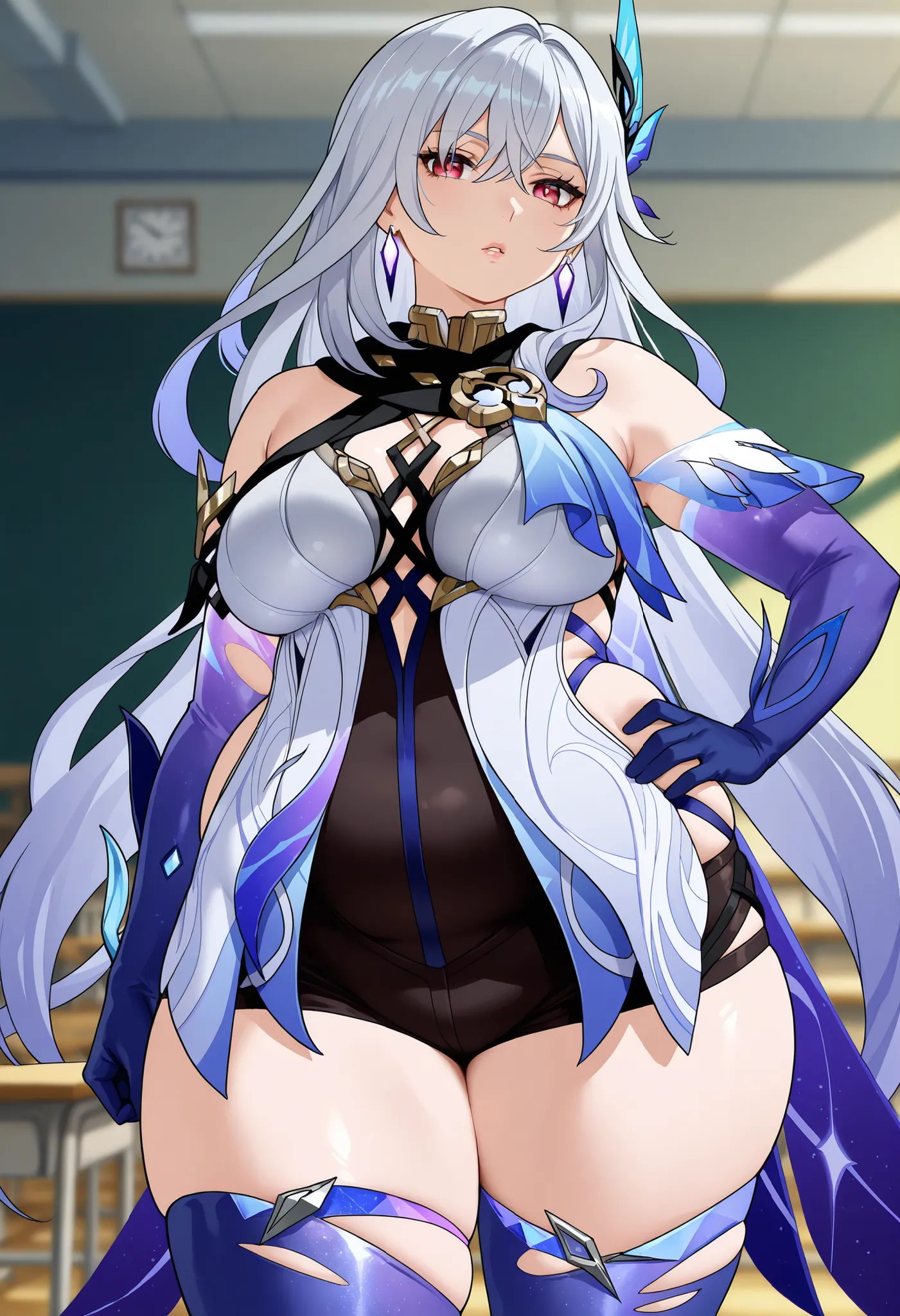 anime screencap, masterpiece, best quality,
1girl, solo, parted lips,
1girl, solo, mature female, skirk \(genshin impact\), genshin impact, 1girl, solo, breasts, long hair, gloves, thighhighs, looking at viewer, elbow gloves, hand on hip, bangs, hair orna...