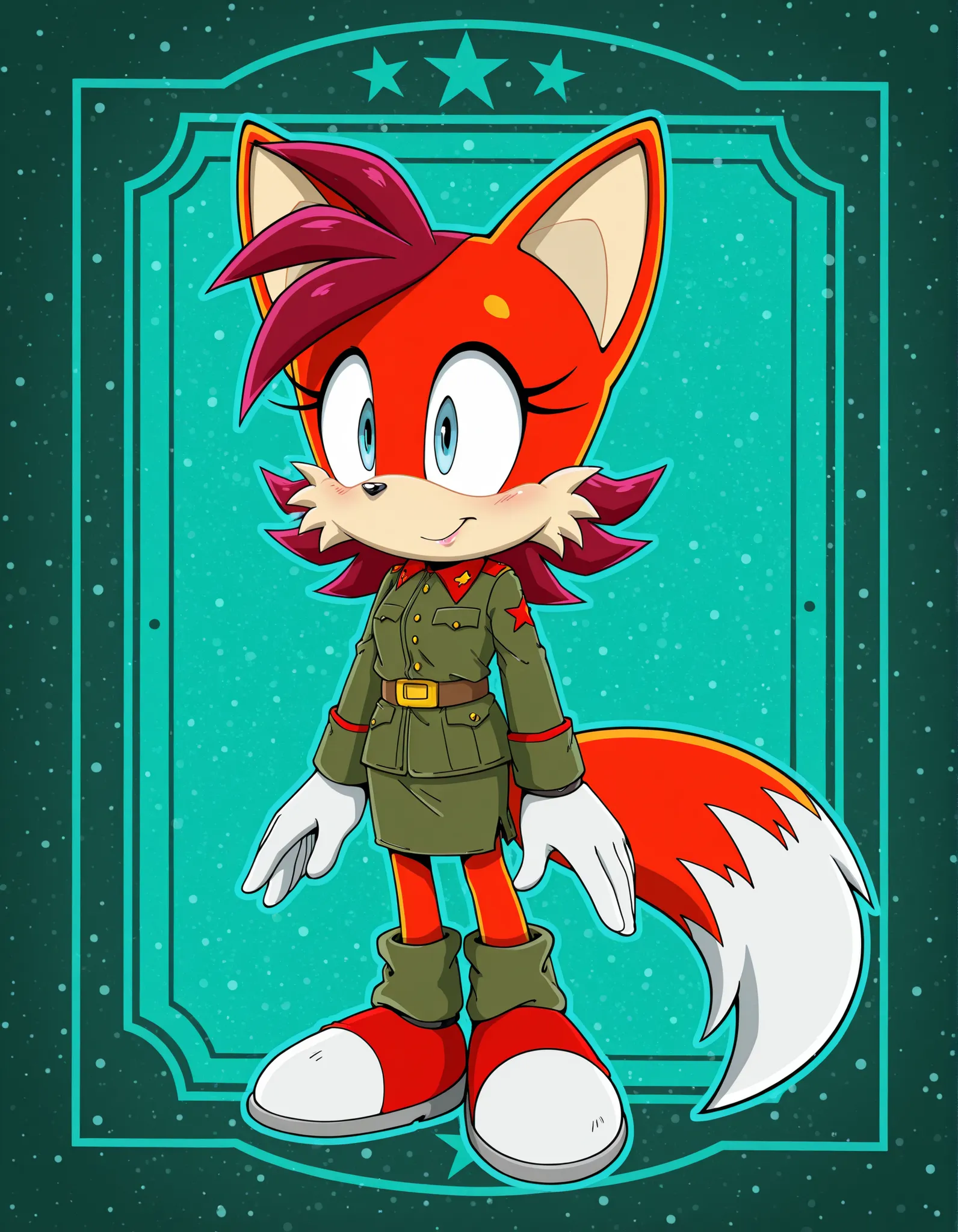 onmodelblobian, sonic (series),,Soviet Military uniform, skirt, belt, Fiona The Fox_\(Sonic\), Red-Beige Fur, Light Blue Eyes, Maroon Hair, Fox Girl, evnstnly