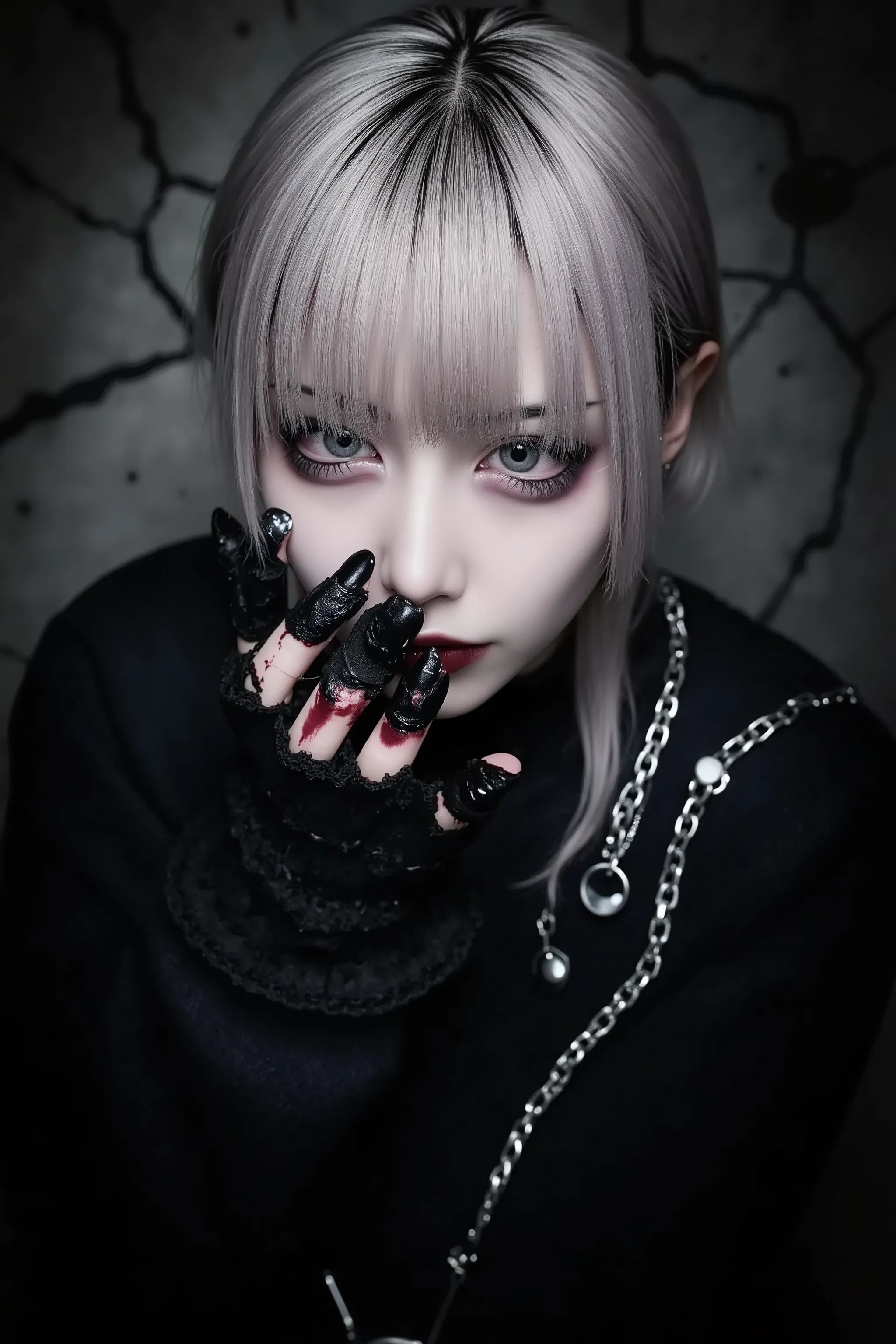 1girl,bangs,black nails,blonde hair,blood,chain,crack,fingernails,grey eyes,horror \(theme\),long sleeves,looking at viewer,male focus,nail polish,short hair,solo,upper body