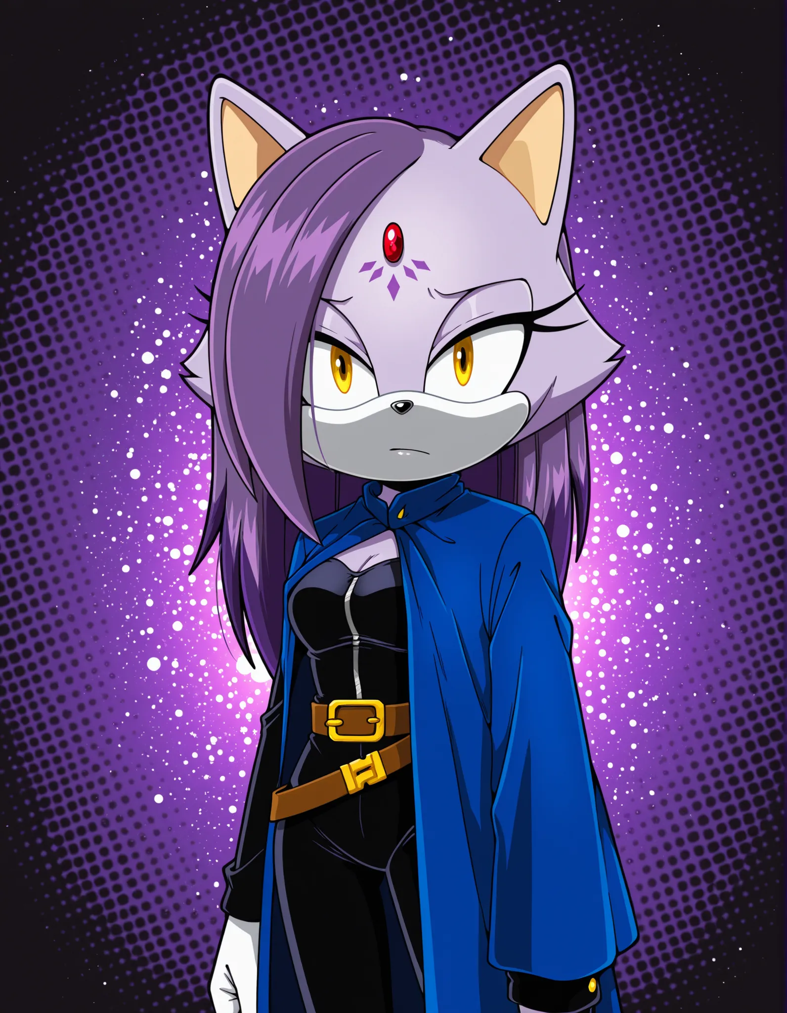 onmodelblobian, sonic (series),, looking at viewer,  very detailed, extremely detailed, (1girl), (solo), Female Cat, Blaze the Cat, (darkish purple fur), dressed as Raven, Cosplay, medium breasts, eyelashes, daytime, mobian, mobius city, (Raven hairstyle),...