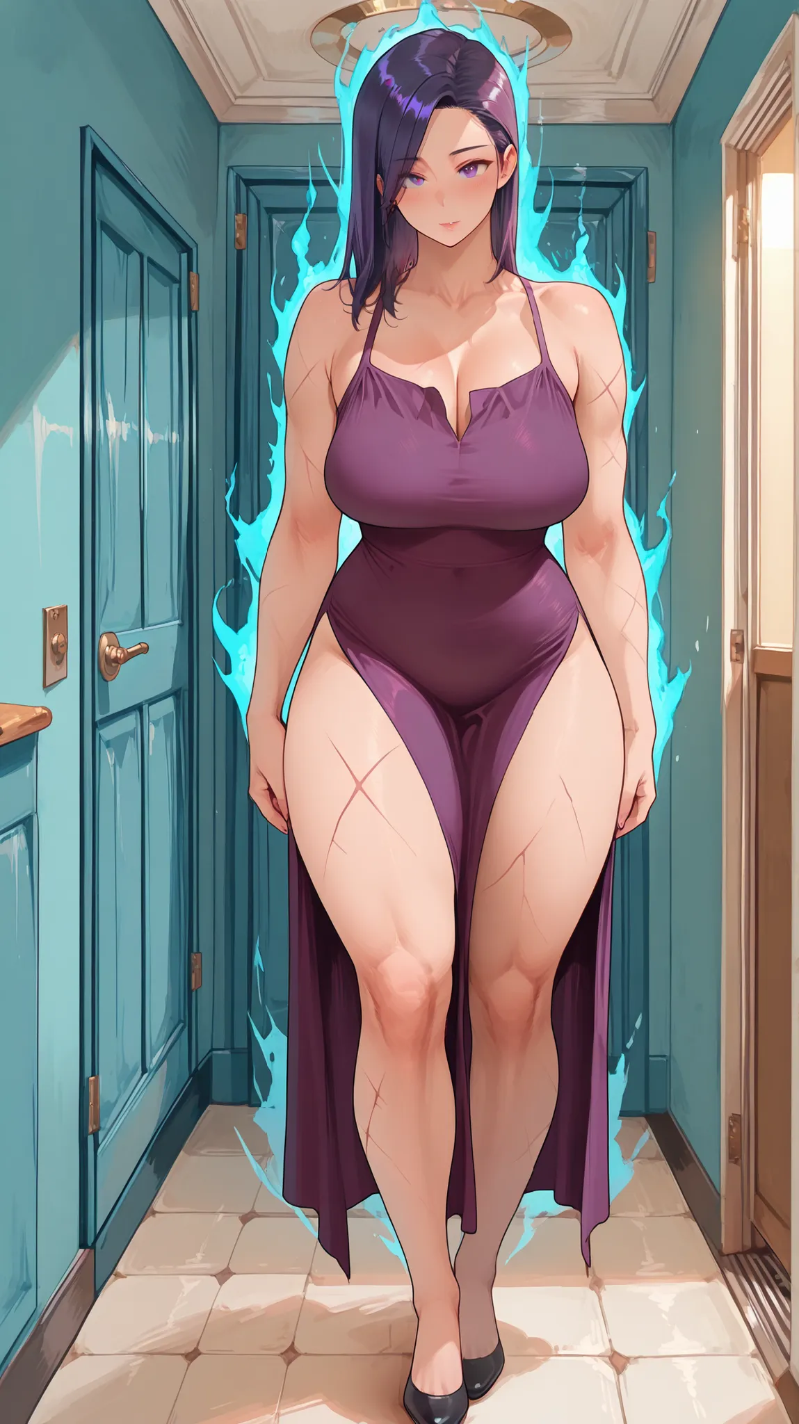 ((masterpiece)), ((best quality)), ((highres, absurdres)), (detailed), , 1girl, solo, full body, mature woman, purple hair, long and flowing, beautifully slender, well-toned physique, slightly muscular arms, toned legs, faint scars and cuts scattered acros...