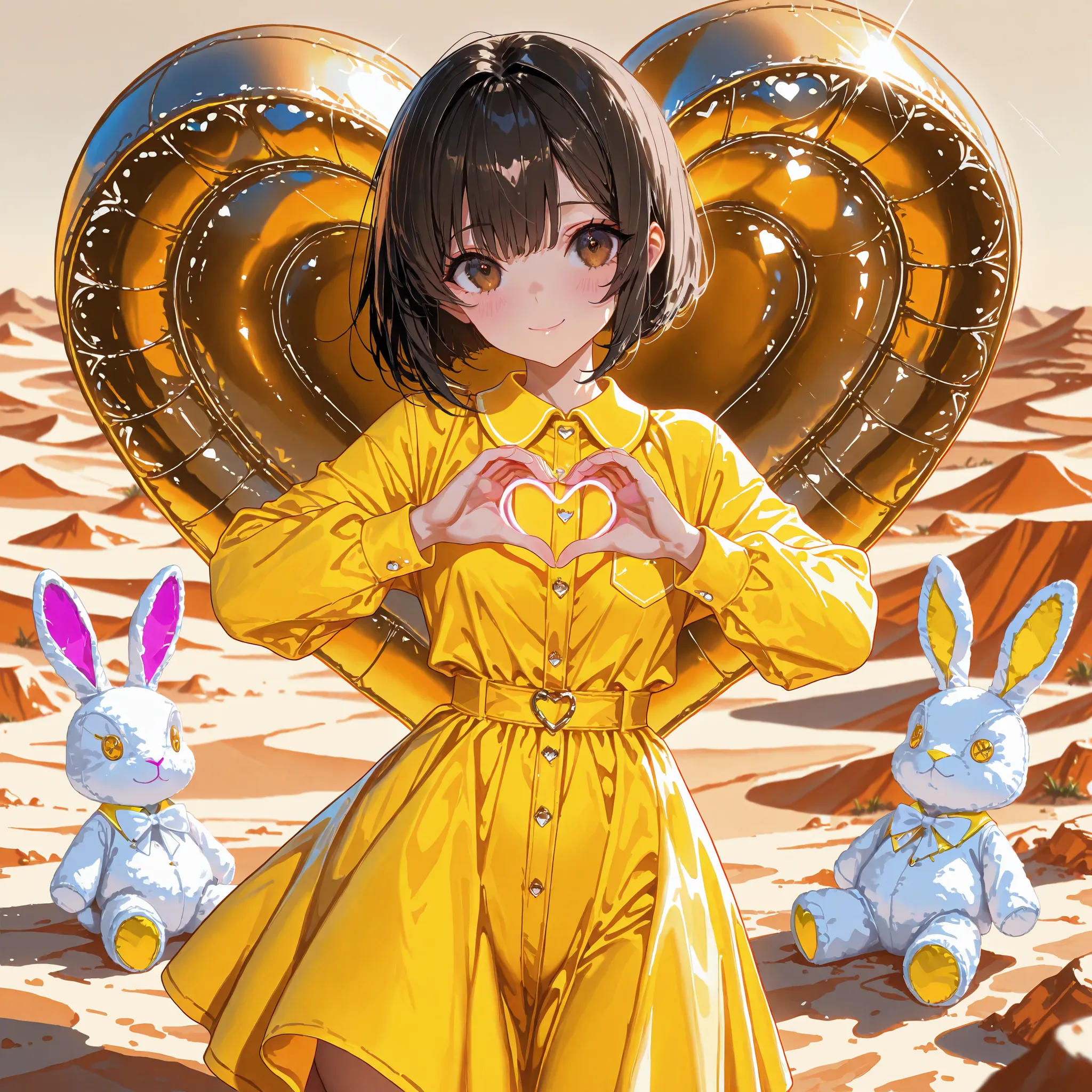 Masterpiece, top quality, absurd, high resolution, cinematic composition, ultra detailed, high quality,Perfect anatomical structure ,1girl,(cowboy shot),heart hands,Stuffed white rabbit toy,Desert Oasis,yellow Collared long dress, A kind smile,brown eyes,b...