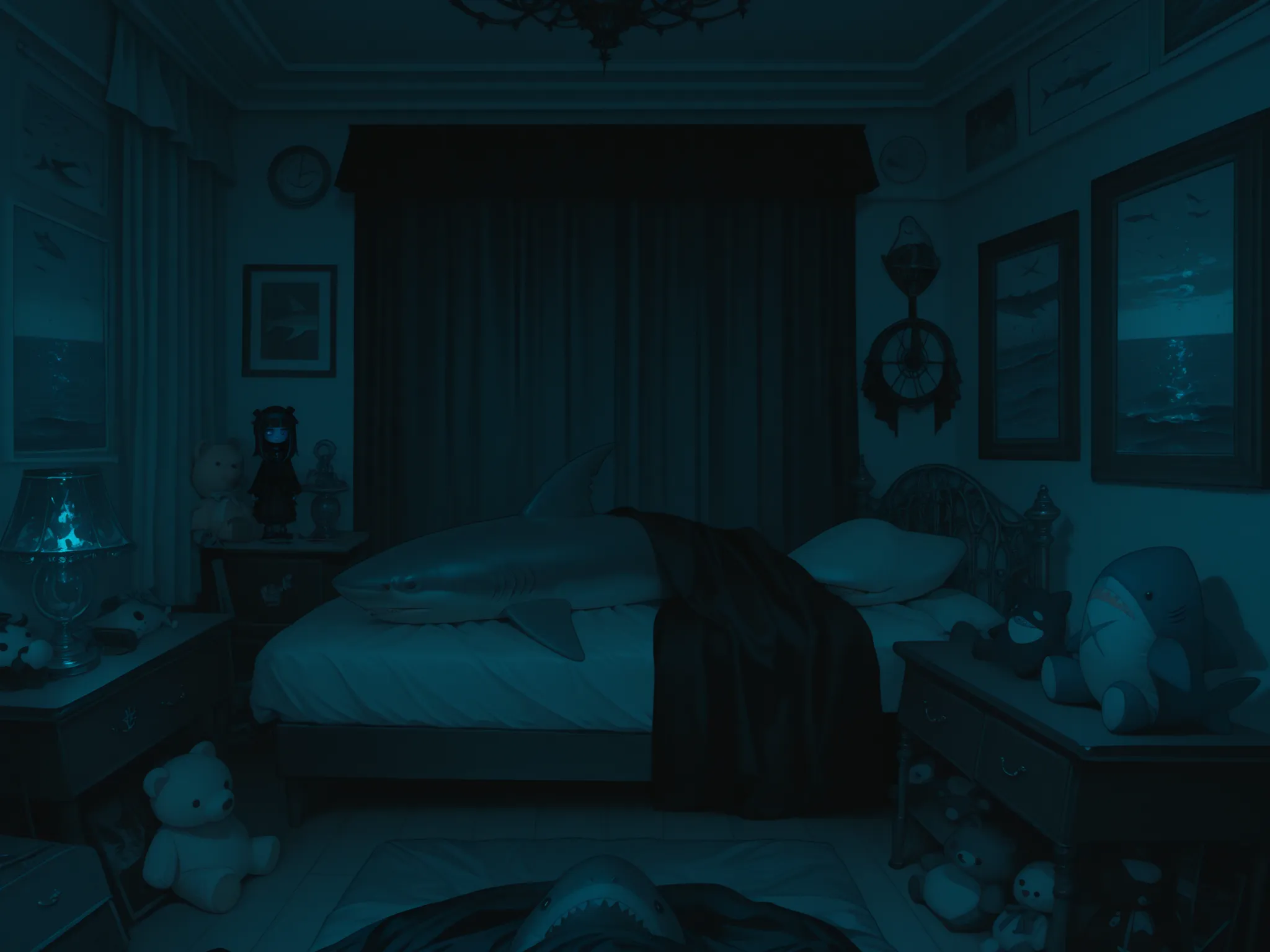random bedroom, dorm room, shark stuffed animals, gothic aesthetic, sea goth, blue and black hues, empty bedroom, vapor wave, aquariums, masculine,nautical decor