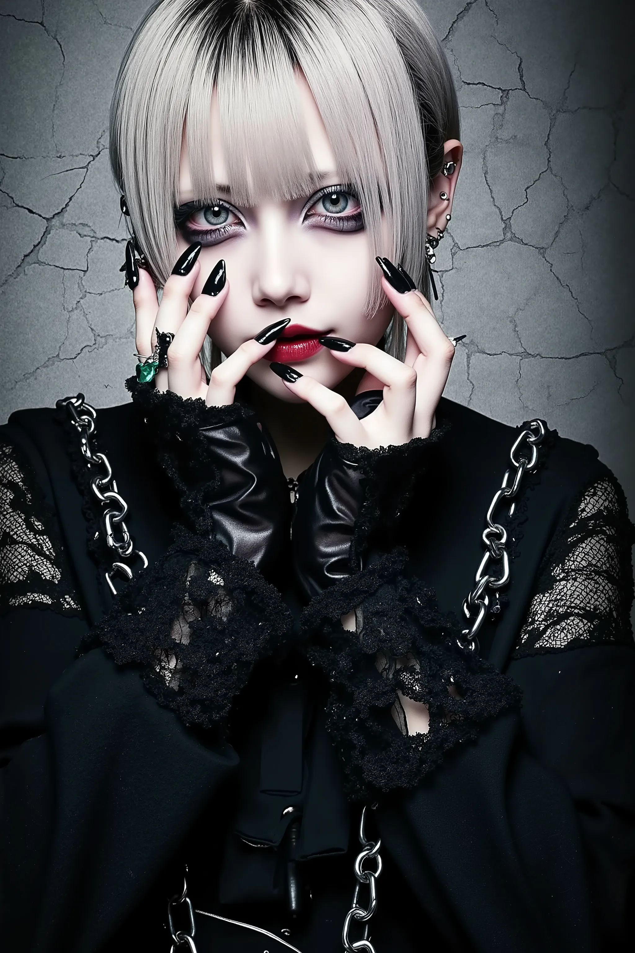 1girl,bangs,black nails,blonde hair,blood,chain,fingernails,grey eyes,horror \(theme\),boyish girl,long sleeves,looking at viewer,face focus,nail polish,short hair,solo,upper body,crack background