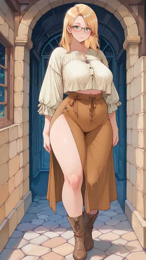 ((masterpiece)), ((best quality)), ((highres, absurdres)), (detailed), anime, 1girl, solo, full body, mature woman, blonde hair, long and slightly wavy, green eyes with everyday glasses, curvy body, hourglass figure, giant enormous , fat juicy ass, peasant...