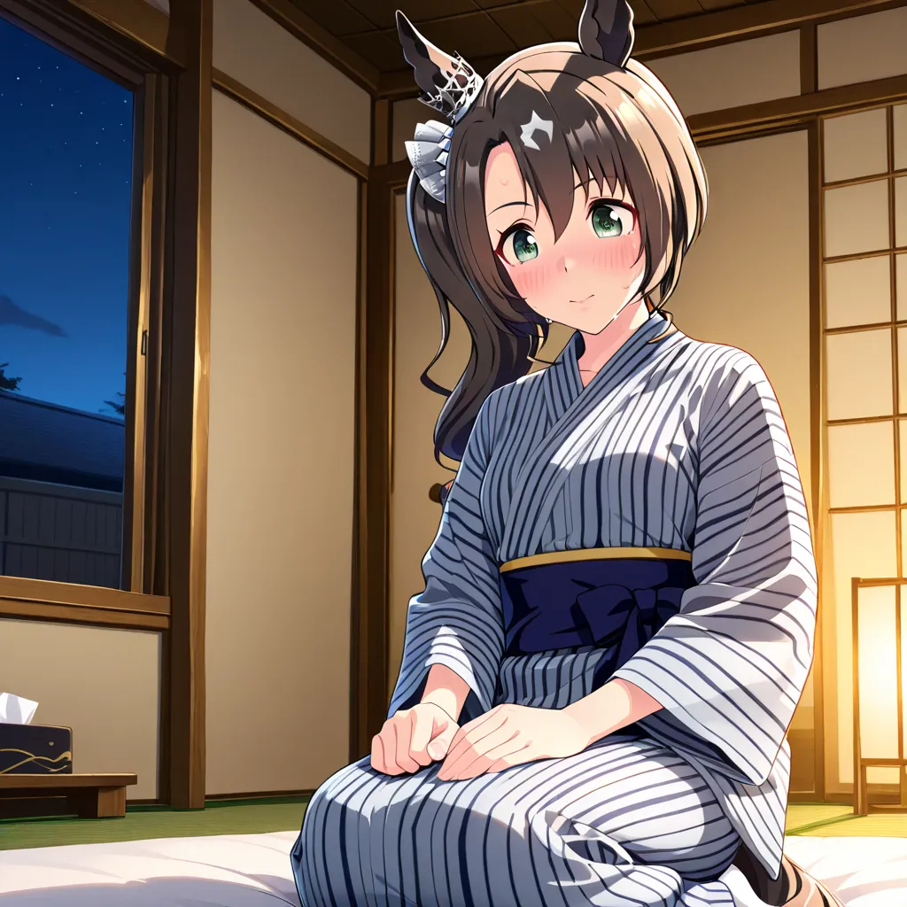 

BREAK
girl, solo, sitting in seiza on a futon, blushing, (swirl eyes:1.2), subtle sweat, looking down,

BREAK
Satono Crown (umamusume), horse ears, horse tail, gray onsenyukata with white stripes, detailed fabric texture, side ponytail on right side,

BREAK
no male present,

BREAK
traditional Japanese inn room, tatami, dark room, soft warm lighting from one small Japanese paper lamp near the futon, tissue box beside the lamp, sliding shoji screens, wooden walls, small window showing night sky, moody and dim atmosphere, at night,

BREAK
highly detailed hair with natural flow, beautiful face, expressive eyes, realistic, semi-anime, detailed shading, cinematic light, 8k, masterpiece, best quality, high resolution, intricate details, balanced anime-realistic anatomy,