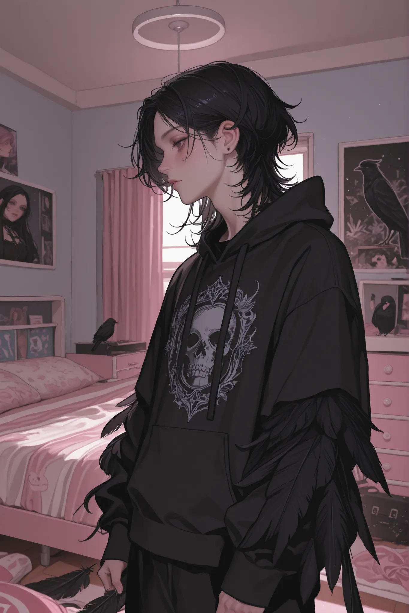 random bedroom, dorm room, black bird feathers, gothic aesthetic, --ar 17:6 --sref 2348226196 --profile dteu7xu --niji 6