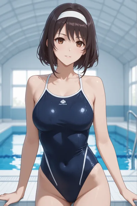 A woman wearing a white band in a swimsuit came out of the pool