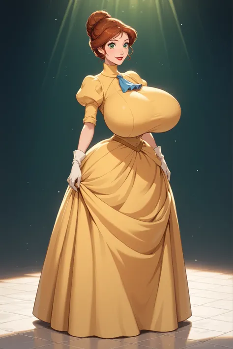1girl, (Disney Princess Jane Porter is standing:1.3), Jane Porter has dark brown hair tied back in a messy bun, she has green eyes, full red lips, and a subtle smile. She is wearing a yellow gown with a simply designed bodice, Victorian style, turtleneck, ...