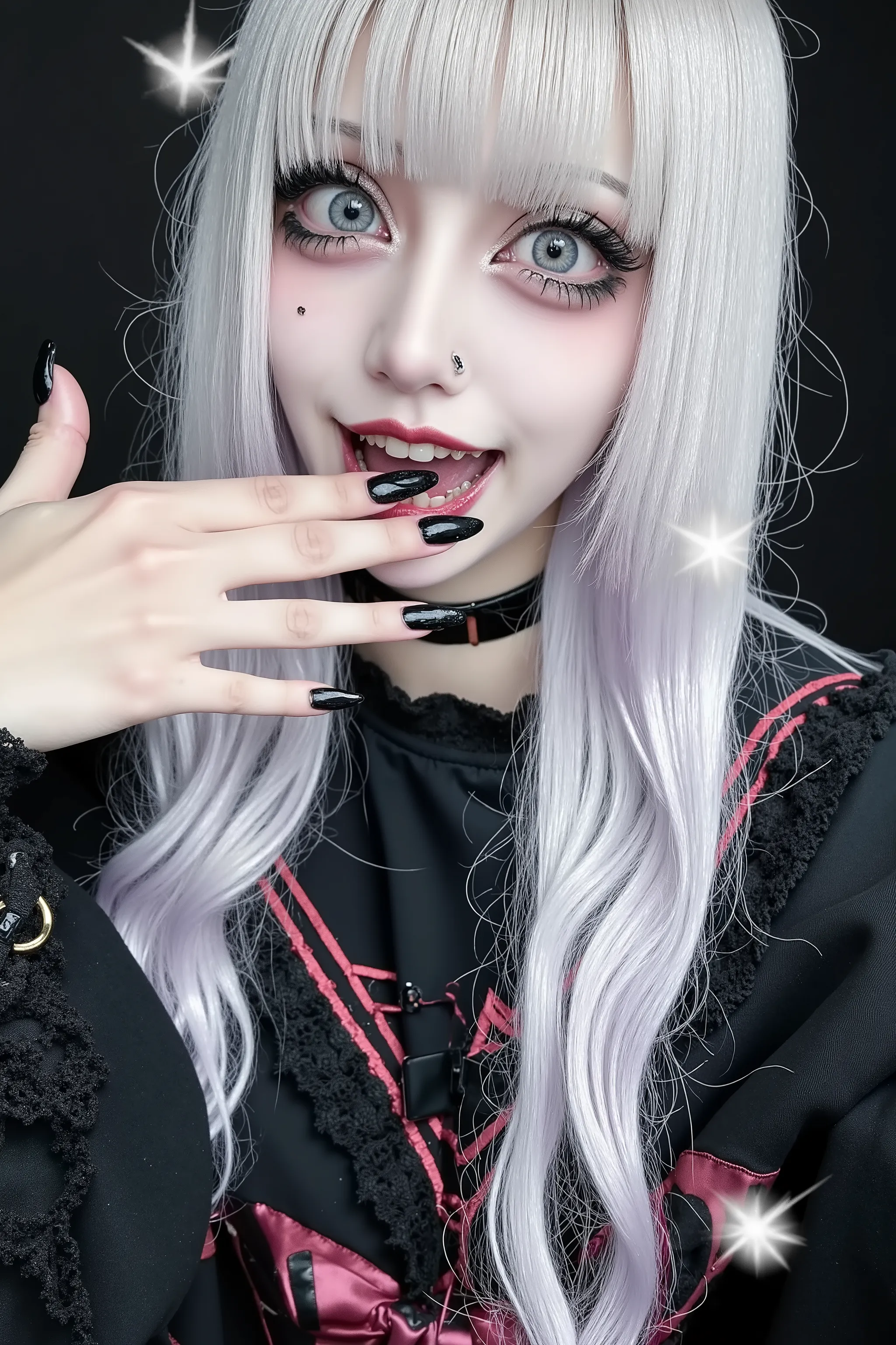 fashion portrait,artist photoshoot,1girl,bangs,punk girl,horror \(theme\),boyish girl,1girl,crazy smile,bangs,black nails,bow,fangs,lace,lace trim,lips,long hair,looking at viewer,mole,open mouth,photo,realistic,solo,teeth,white hair,realistic photo,dramat...