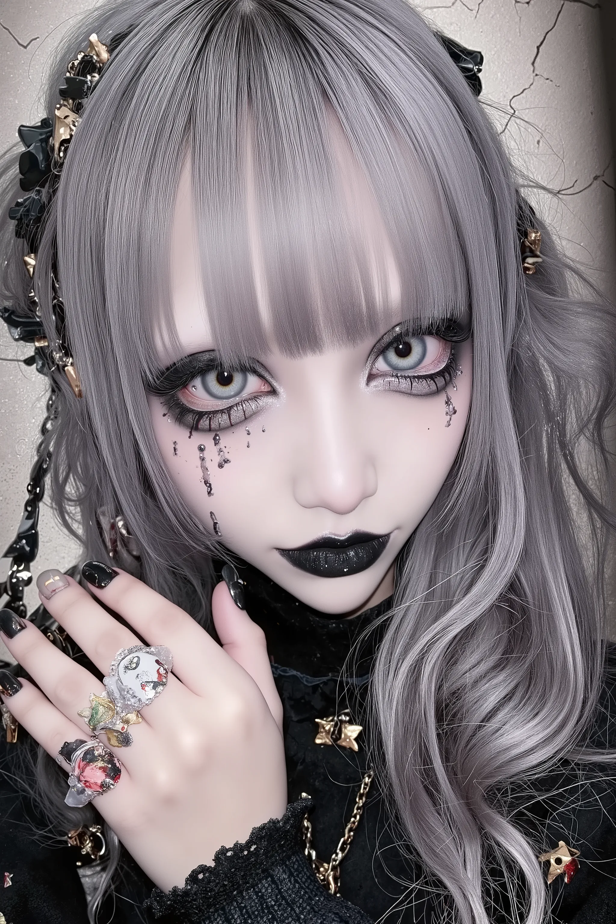 1girl,bangs,artist photoshoot,black nails,silver hair,strait long hair,bangs,blood,chain,fingernails,grey eyes,punk girl,horror \(theme\),boyish girl,long sleeves,looking at viewer,face focus,nail polish,short hair,solo,upper body,crack background