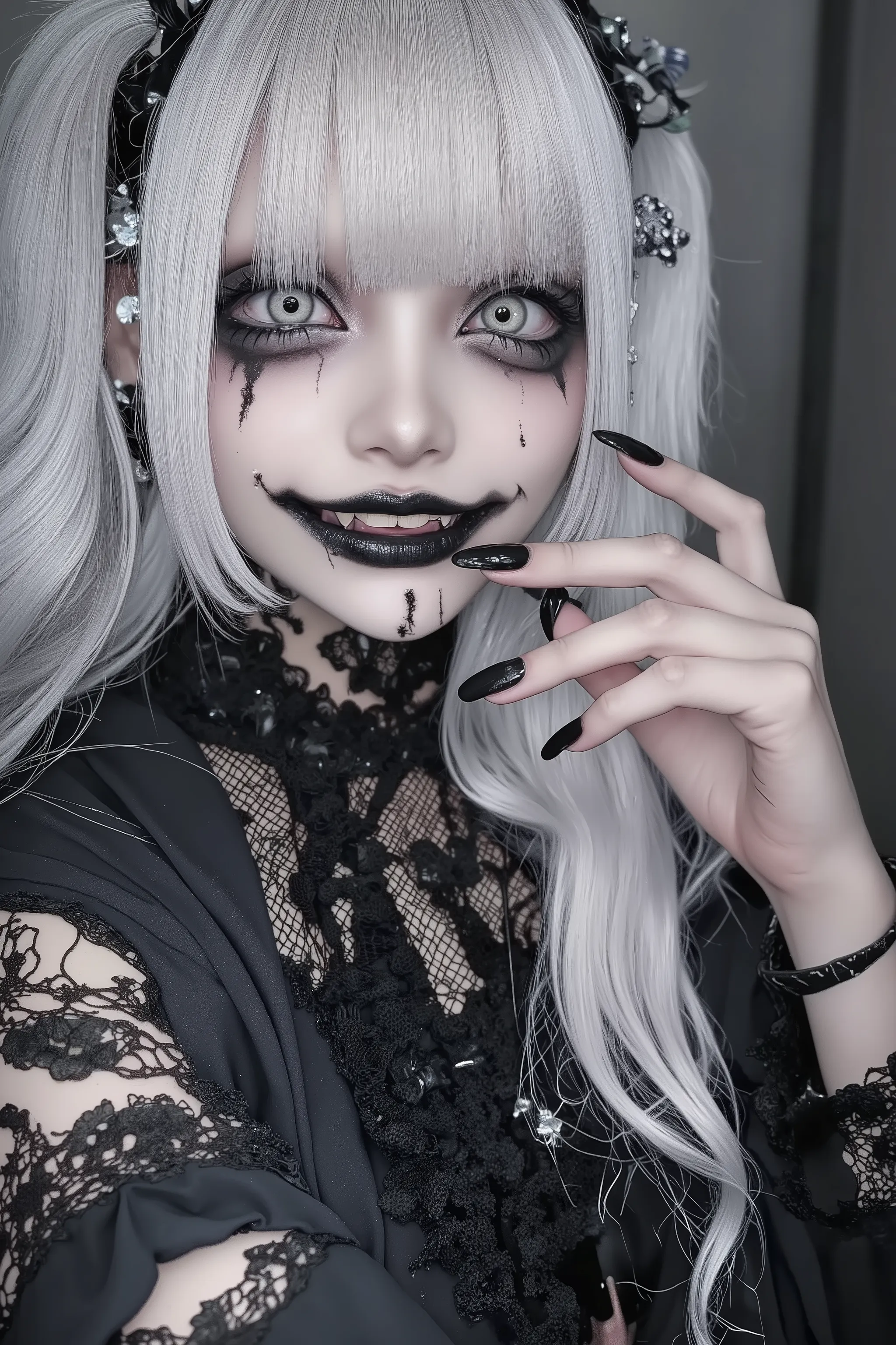 1girl,evil grin,bangs,black nails,bow,fangs,lace,lace trim,lips,long hair,looking at viewer,mole,open mouth,photo \(medium\),realistic,solo,teeth,white hair