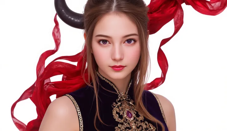 Genna Lannister is an enigmatic woman，shows her wearing a smooth and delicate costume，includes an elegant and luxurious brooch，adorned with brilliant gold embroidery，dazzling red velvet Wearing，elegantly draped in dark layers。vibrant and confident style，he...