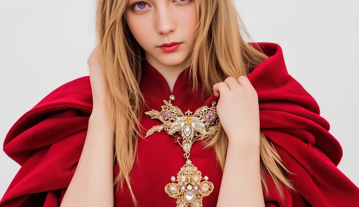 Genna Lannister is an enigmatic woman，shows her wearing a smooth and delicate costume，includes an elegant and luxurious brooch，adorned with brilliant gold embroidery，dazzling red velvet Wearing，elegantly draped in dark layers。vibrant and confident style，he...