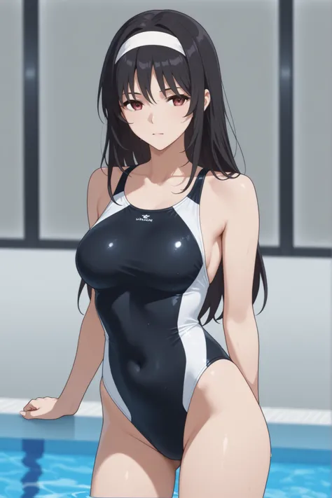A woman in a black long-haired swimsuit with a white band came out of the pool