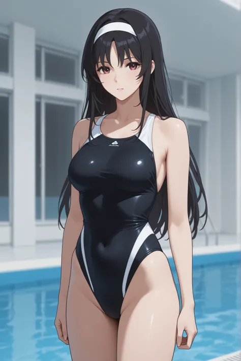 A woman in a black long-haired swimsuit with a white band came out of the pool