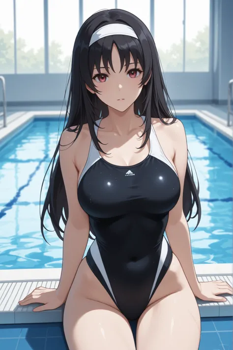 A woman in a black long-haired swimsuit with a white band came out of the pool