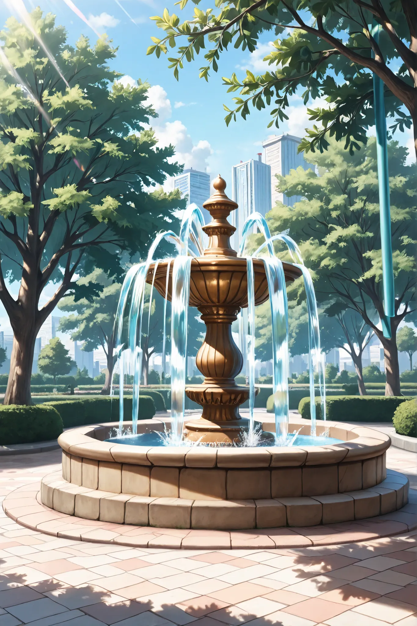 ((Masterpiece)),((best quality)),((incredibly absurdres)),((8K)),(semi realistic),
no humans,
scenery,outdoors,city,park,fountain,sunlight,spring,
medium shot,from front,