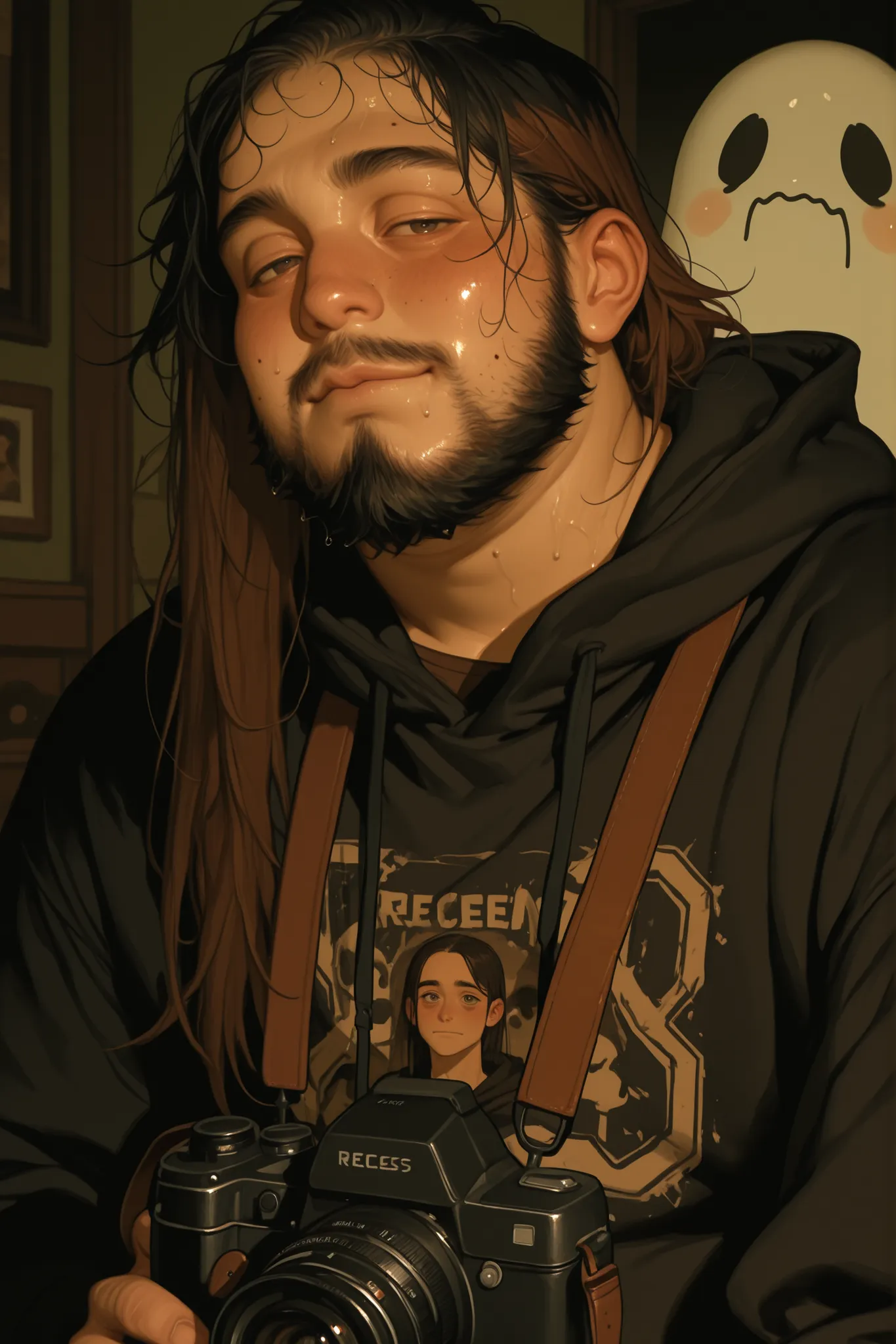 1 boy chubby grunge goth themed nerdy boy in his early 20s,young man nerdy, chubby plus size. round cherubic face, brown greasy shoulder length straight hair with black dyed tips to his hair,receding hair line, oily looking hair, black hoodie with ghost on...