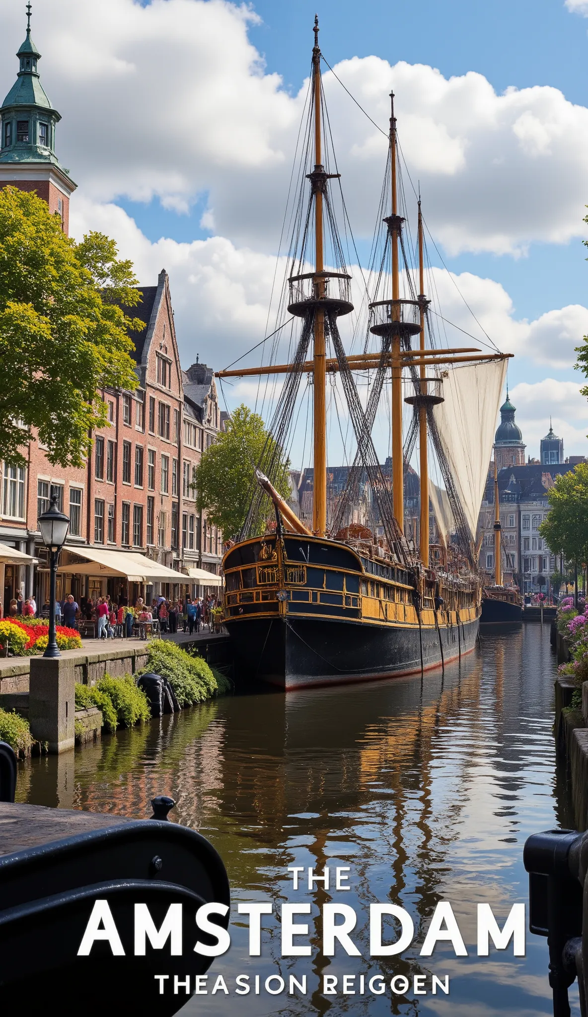 masterpiece、 Best quality images、images of Amsterdam's good seasons、Amsterdam harbor、overlooking the harbor and city、Large ships、大型の帆船、beautiful colored seascapes、buildings and harbor facilities、colorful flowers、nature、charming city area、Port of Naplesが詳細に...
