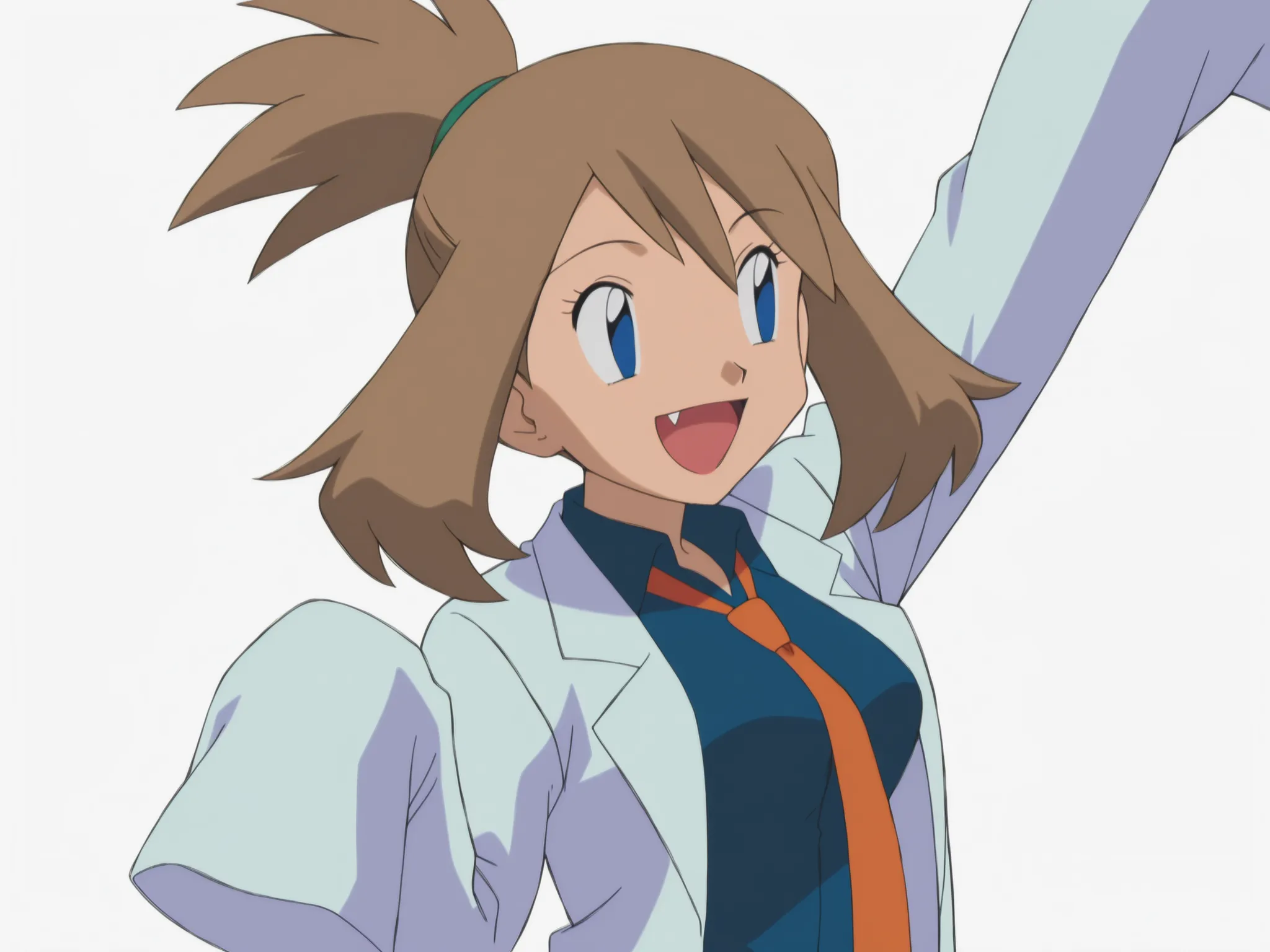 (anime screencap, anime coloring:1.3), masterpiece, brown hair, may (pokemon), medium breasts, short ponytail, lab coat, sleeves past fingers , fangs, blue dress shirt, loose necktie , high ponytail, one arm up, solo, 1girl, upper body, :D, white backgrou...