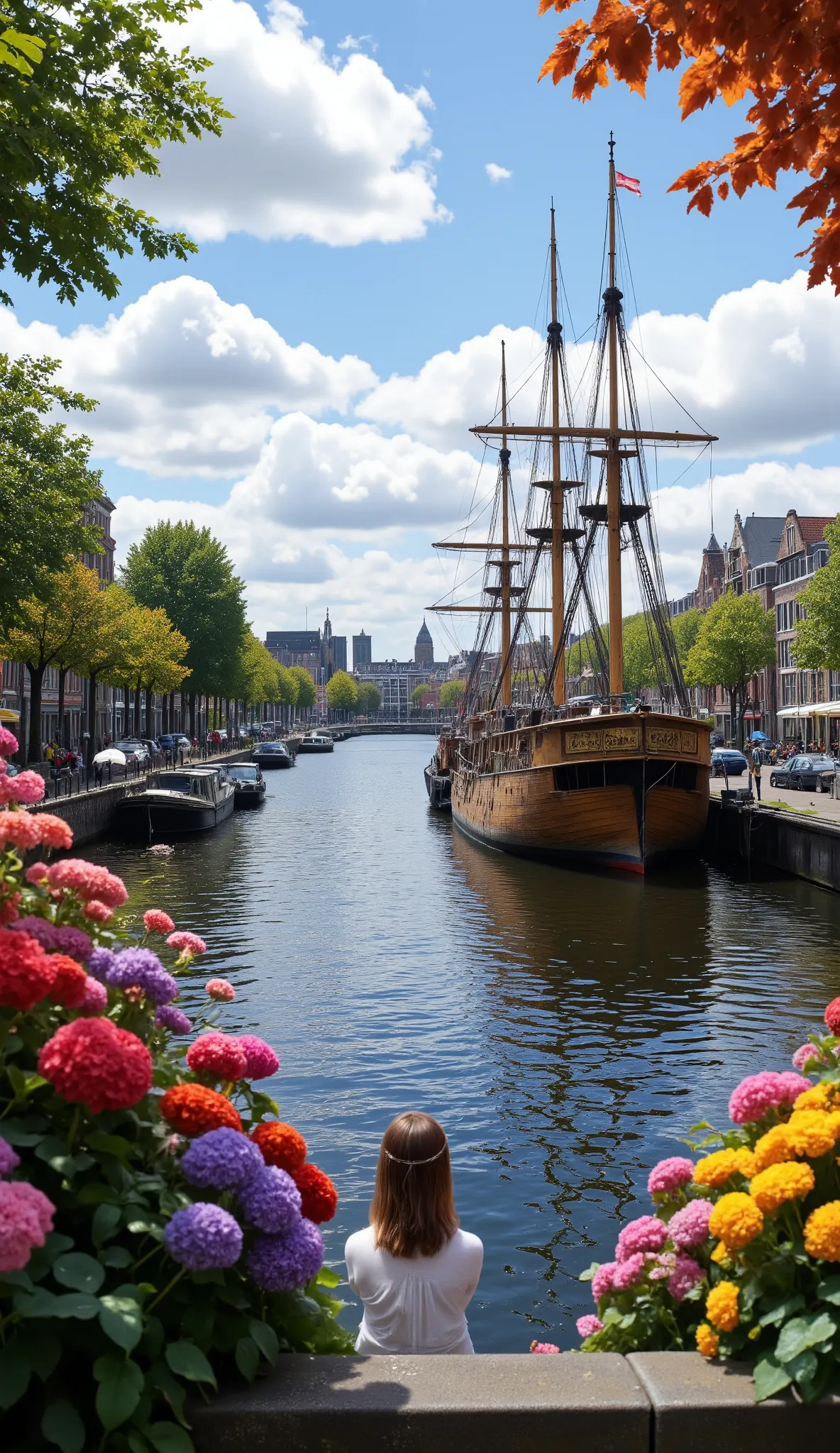 masterpiece、 Best quality images、images of Amsterdam's good seasons、Amsterdam harbor、overlooking the harbor and city、Large ships、大型の帆船、beautiful colored seascapes、buildings and harbor facilities、colorful flowers、nature、charming city area、Port of Naplesが詳細に...