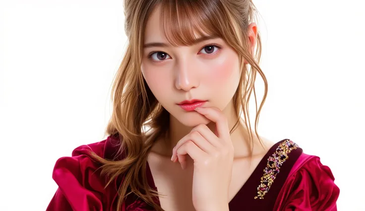 Genna Lannister is an enigmatic woman，shows her wearing a smooth and delicate costume，includes an elegant and luxurious brooch，adorned with brilliant gold embroidery，dazzling red velvet Wearing，elegantly draped in dark layers。vibrant and confident style，he...