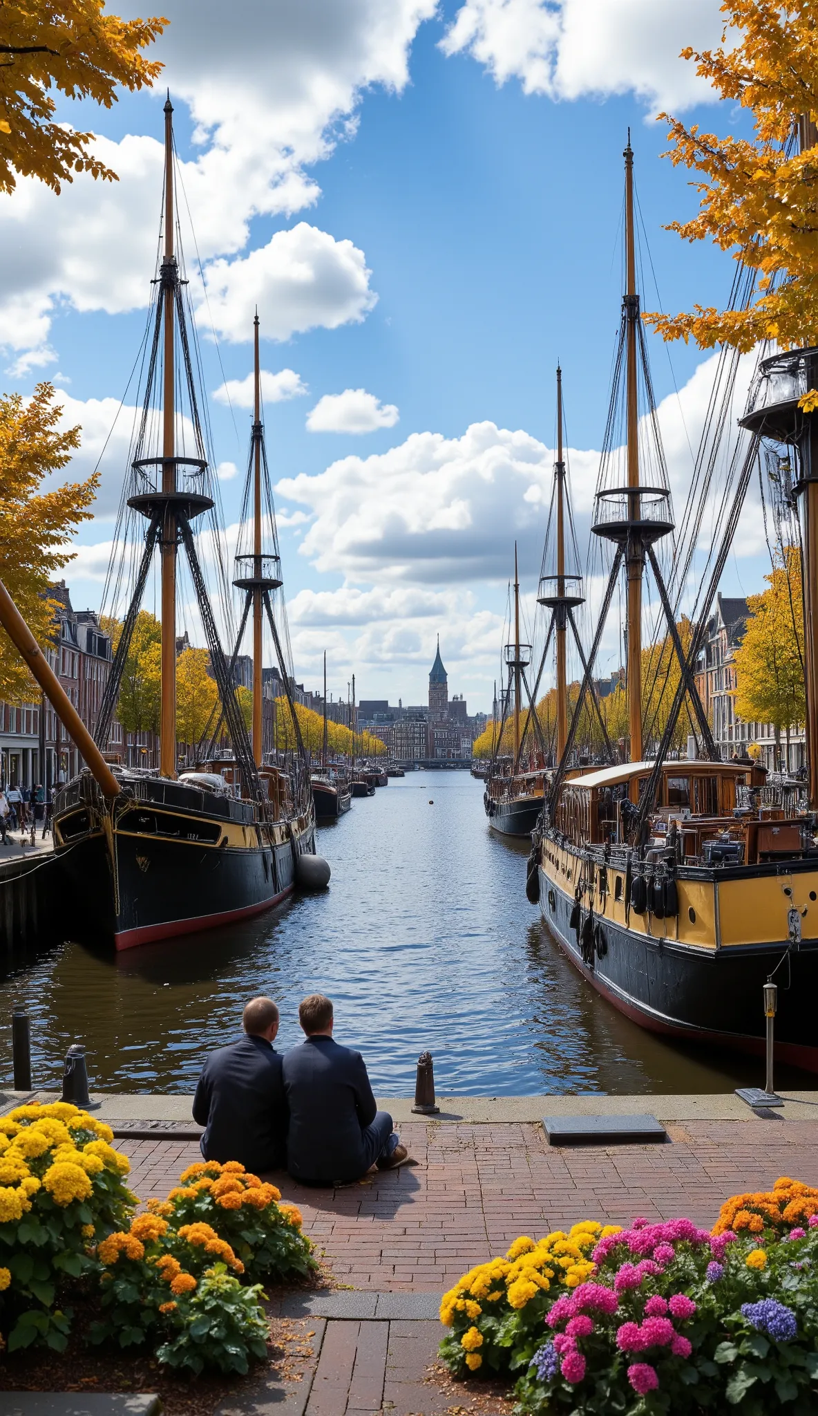masterpiece、 Best quality images、images of Amsterdam's good seasons、Amsterdam harbor、overlooking the harbor and city、Large ships、大型の帆船、beautiful colored seascapes、buildings and harbor facilities、colorful flowers、nature、charming city area、Port of Naplesが詳細に...