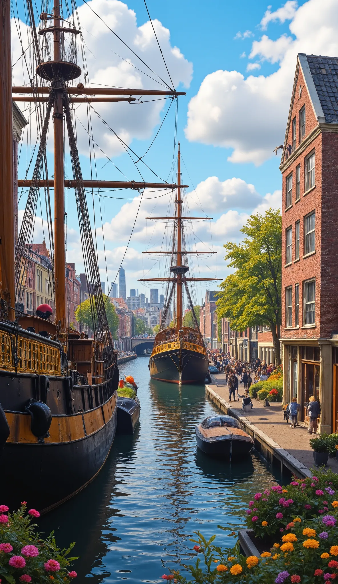 masterpiece、 Best quality images、images of Amsterdam's good seasons、Amsterdam harbor、overlooking the harbor and city、Large ships、大型の帆船、beautiful colored seascapes、buildings and harbor facilities、colorful flowers、nature、charming city area、Port of Naplesが詳細に...