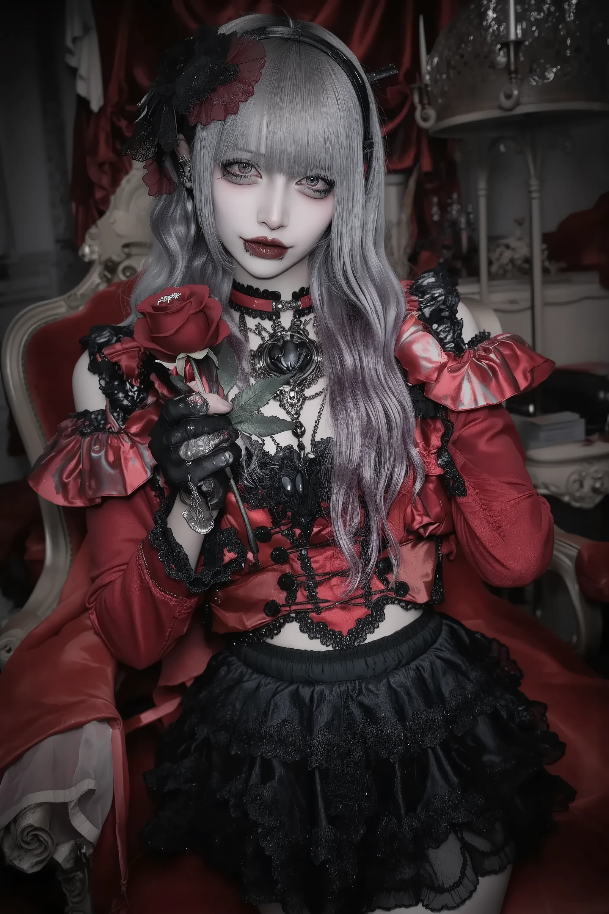fashion portrait,artist photoshoot,1girl,silver hair,red and black dress,trim,pale skin,makeup,midriff,rose,goth,horror \(theme\),in victorian goth room,realistic photo,dramatic,