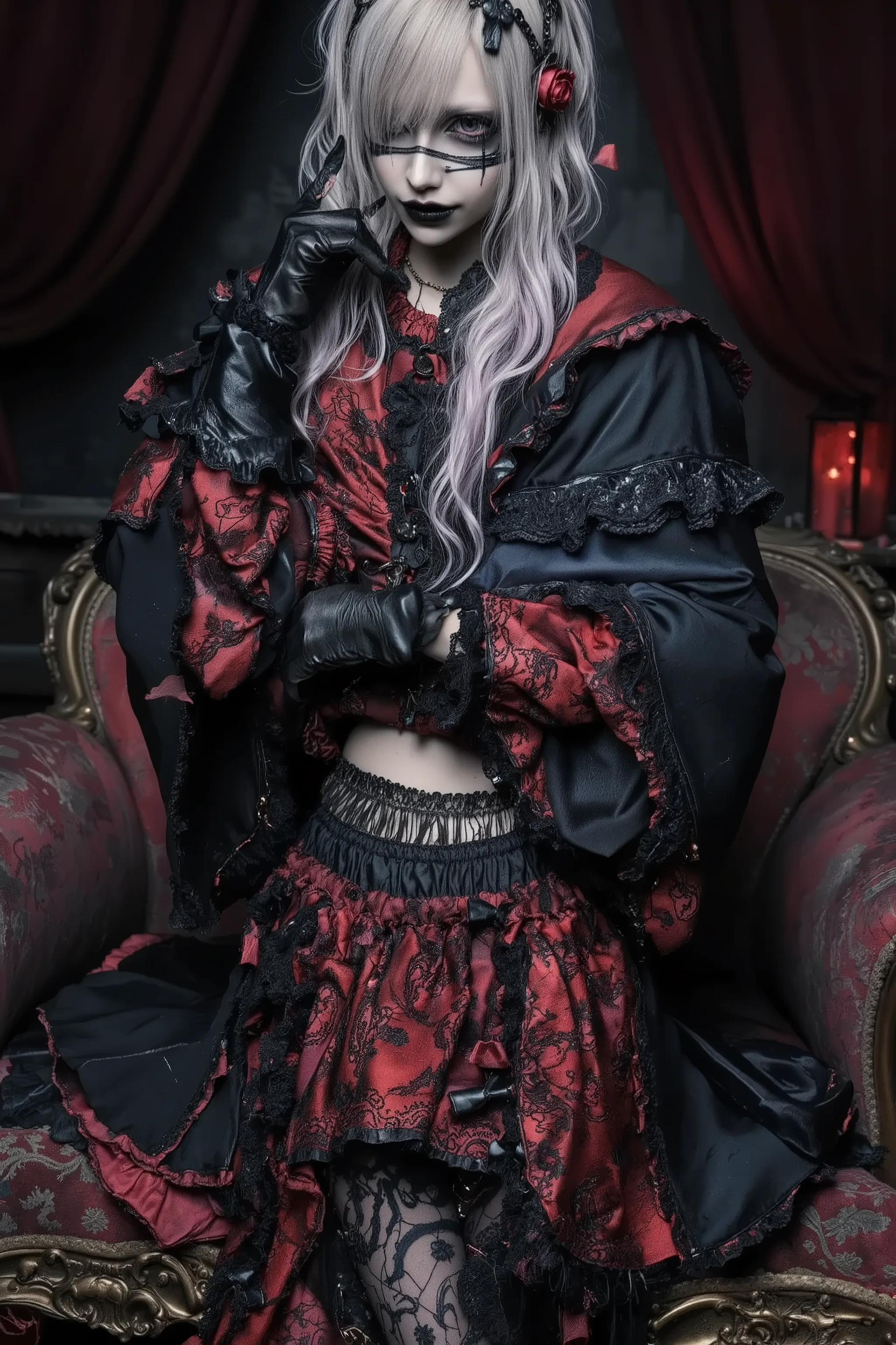 fashion portrait,artist photoshoot,1girl,silver hair,red and black dress,trim,pale skin,makeup,midriff,rose,goth,horror \(theme\),in victorian goth room,realistic photo,dramatic,