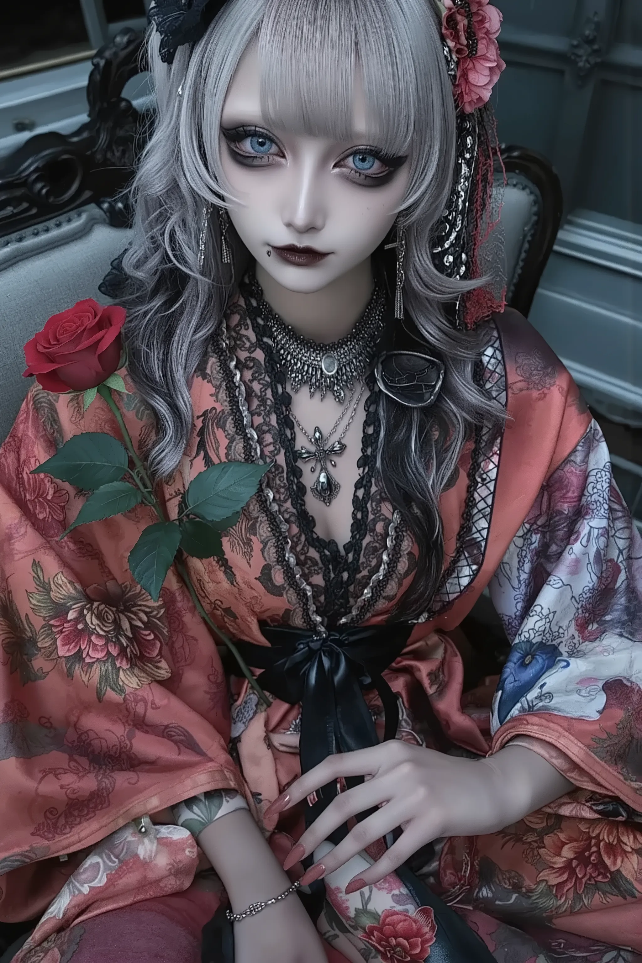 fashion portrait,artist photoshoot,1girl,silver hair,red and black kimono style dress,trim,pale skin,makeup,midriff,rose,goth,horror \(theme\),in victorian goth room,realistic photo,dramatic,