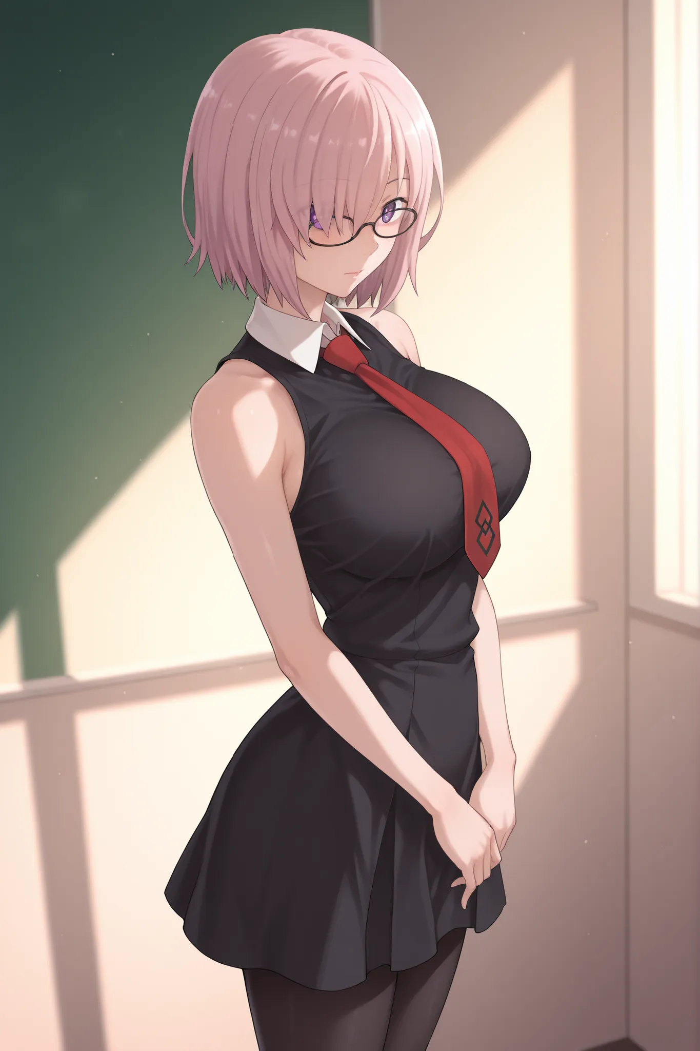 Mash Kyrielight,1girl,solo,purple eyes, hair over one eye, pink hair, short hair, large breasts, black pantyhose,open shoulder ,black dress, collared dress, red necktie, glasses, standing,in school , turn side,no jacket,