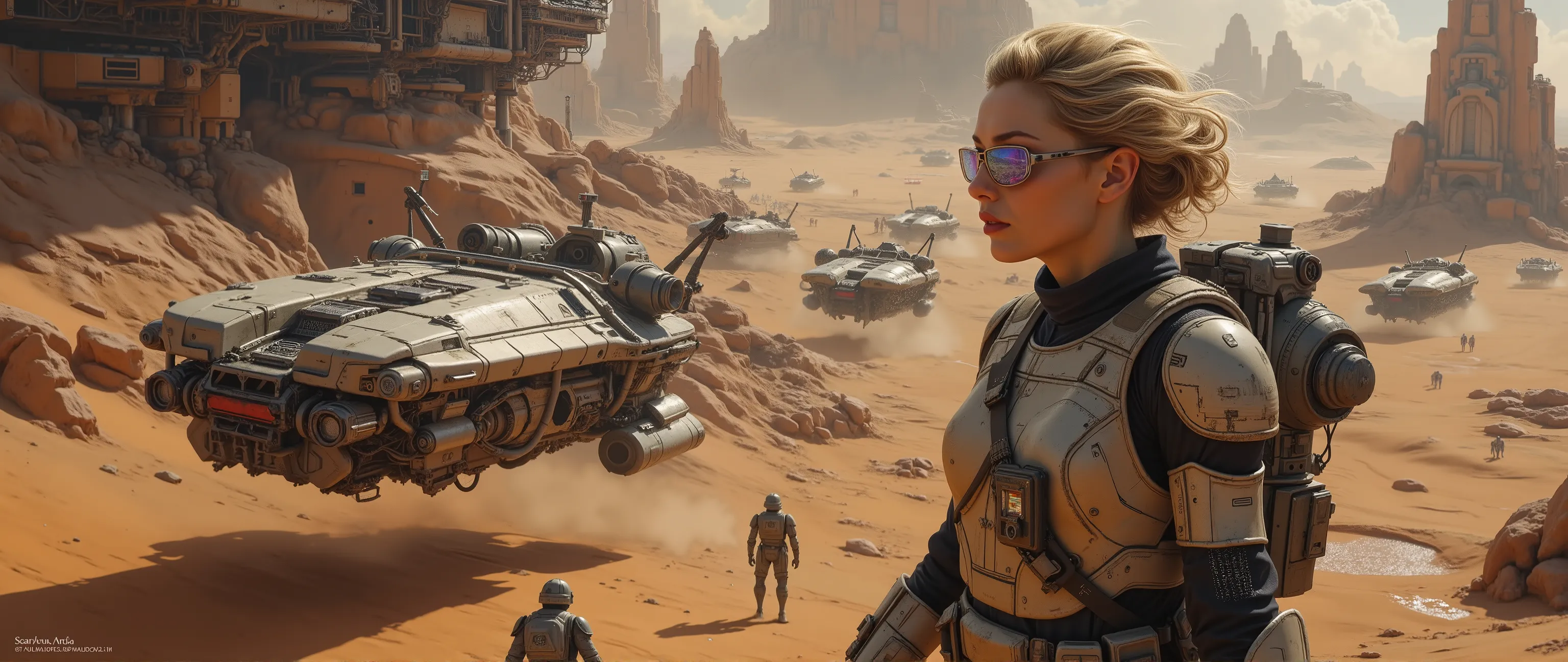 epic oil painting , 16 thousand., artistic masterpiece , correct gravity , science fiction , 10, 000 years of the Galactic Republic , , — a very futuristic landscape with fantastic combat vehicles and mechanisms , } the motives of...