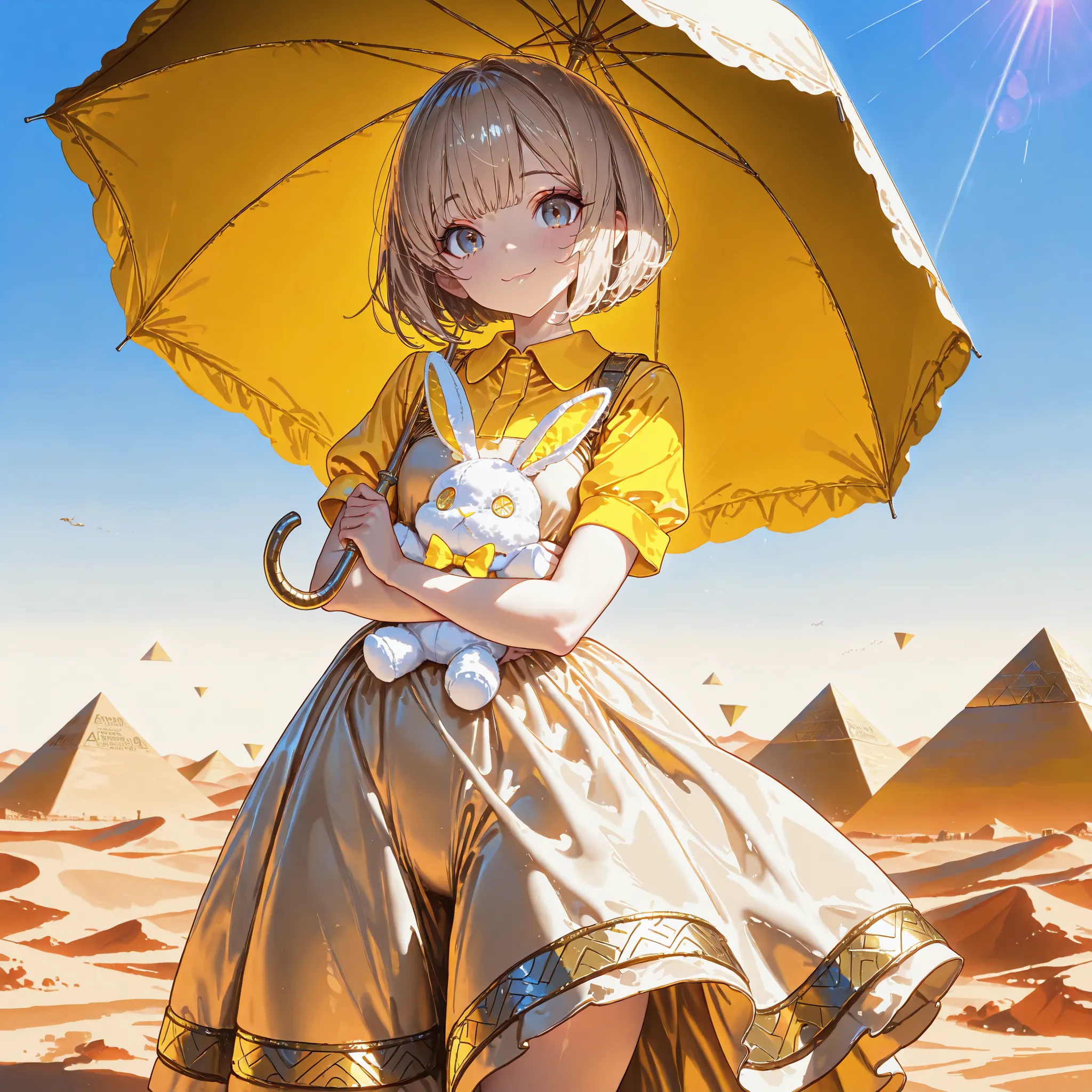 Masterpiece, top quality, absurd, high resolution, cinematic composition, ultra detailed, high quality,Perfect anatomical structure ,1girl,(cowboy shot),(pyramid),Use a parasol,Stuffed white rabbit toy,Desert Oasis,yellow Collared short sleeve long dress, ...