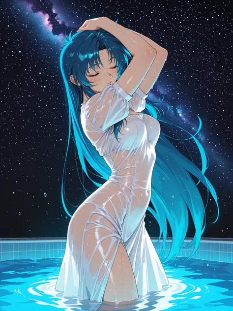 masterpiece,best quality,very aesthetic,solo,absurdres,chidori_kaname,detailed_eyes,1girl,standing in a pool at night,wearing clingy white sundress with short puff sleeves,futuristic,curvy,eyes closed,very long hair,elegant pose,gentle glow,back arched,hai...