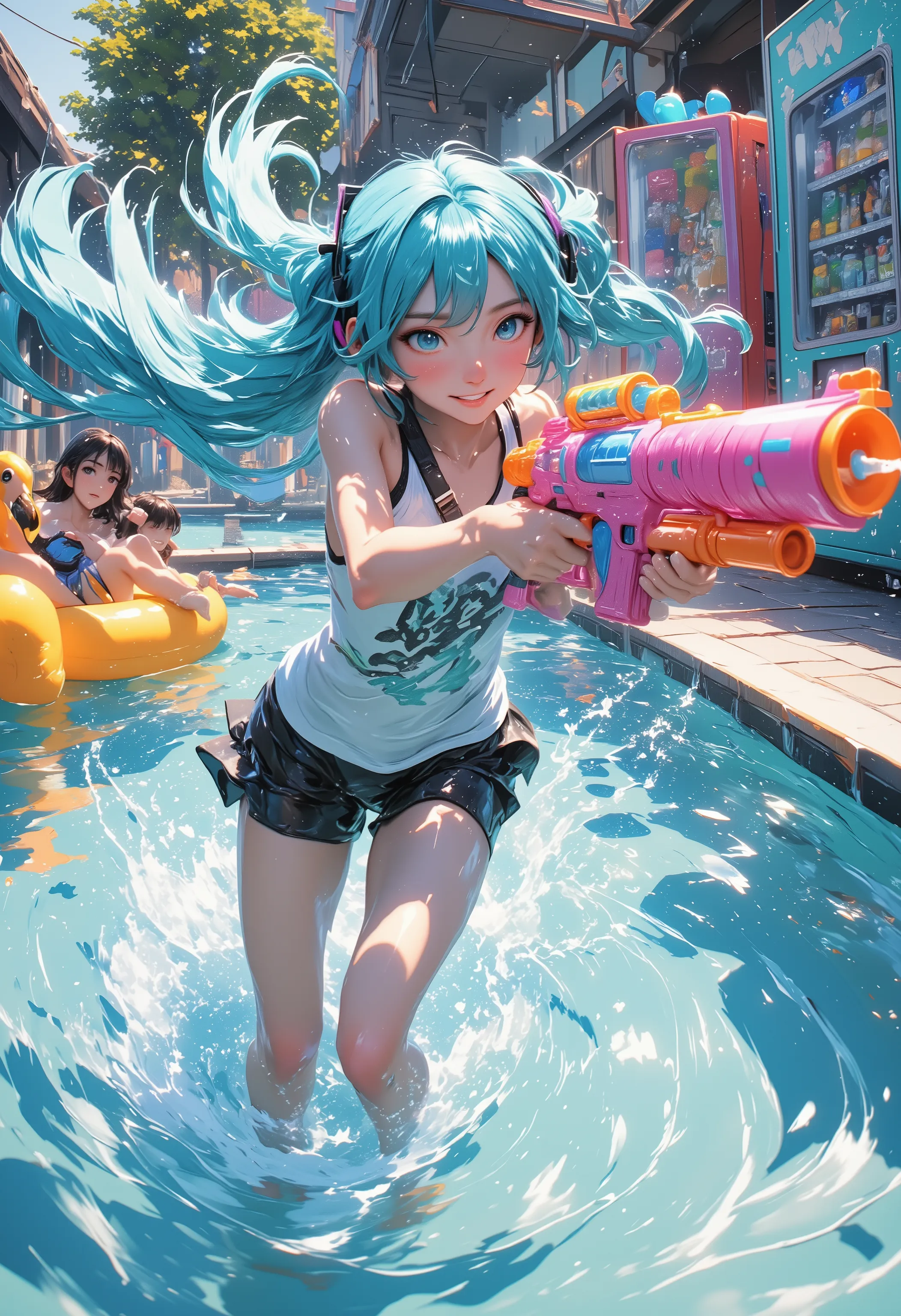 【Water Gun Frenzy】Hatsune Miku wielding neon pink squirt gun sprinting in shallow pool, translucent water stream arcing toward camera with refractive droplets. Strap of rashguard sliding down arm during motion, micro water trails flicking from damp hair ti...