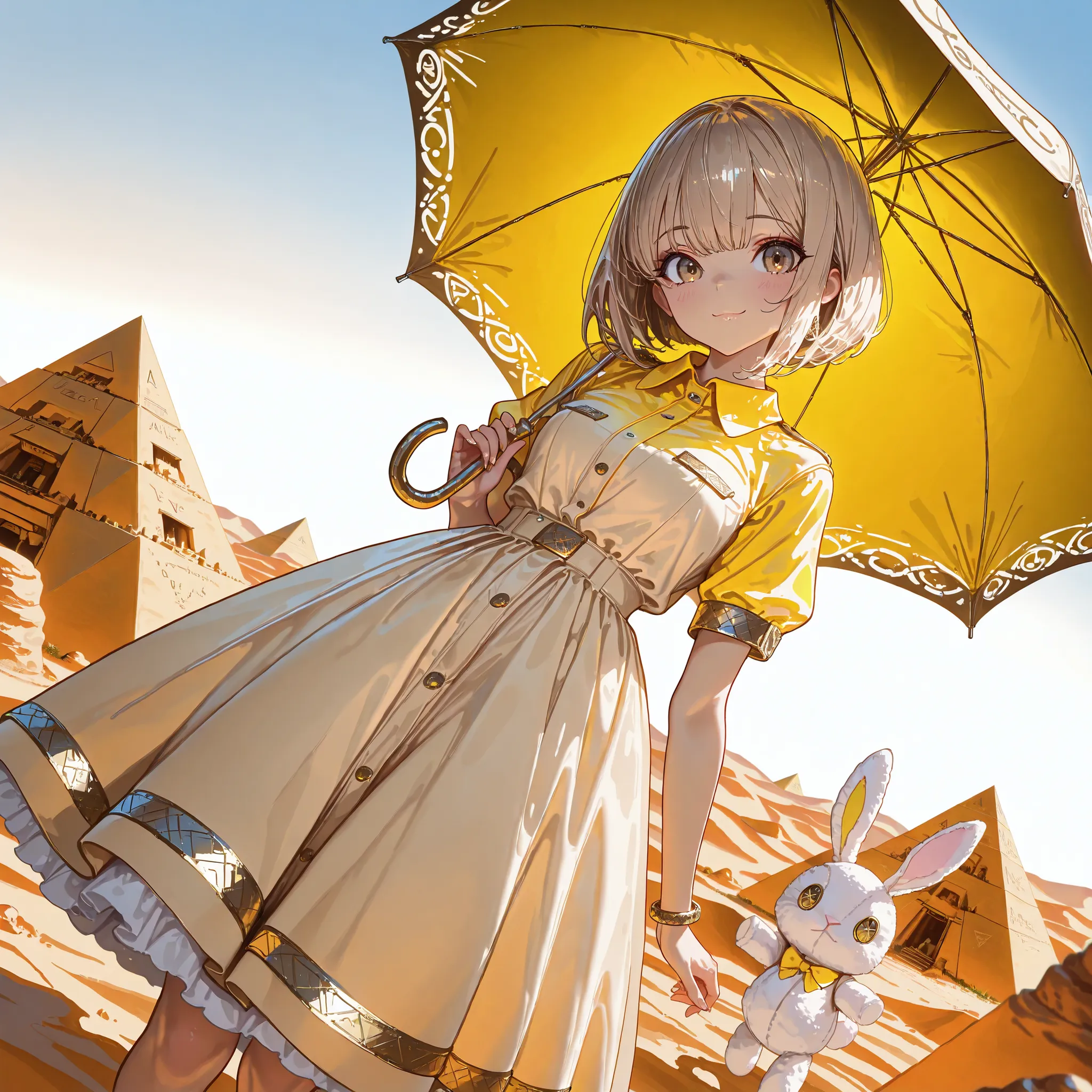 Masterpiece, top quality, absurd, high resolution, cinematic composition, ultra detailed, high quality,Perfect anatomical structure ,1girl,(A Dutch angle),(pyramid),Use a parasol,Stuffed white rabbit toy,Desert Oasis,yellow Collared short sleeve long dress...
