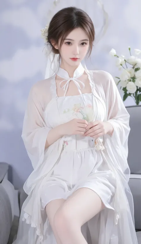 robe, 1 girl, [[bow, eyes, flower, ribbon, White Rose, Chest, 白色 Chinese clothing , Chinese clothing , skirt, flower, Gradient , Gradient background, embroidered ball flower, Watch the audience, small Chest, white pantyhose, White Rose, Sing...