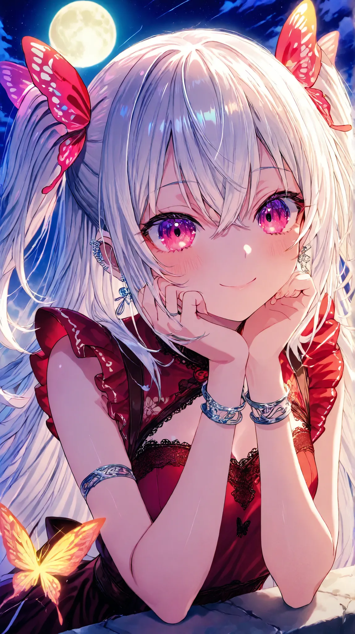 A serene anime scene featuring a young woman with very long, silky white hair adorned with a beautiful silver earings and golden butterfly hair accessory and a silver bracelet on both hands .
She is wearing a amber coloured marmaid dress decorated with ...