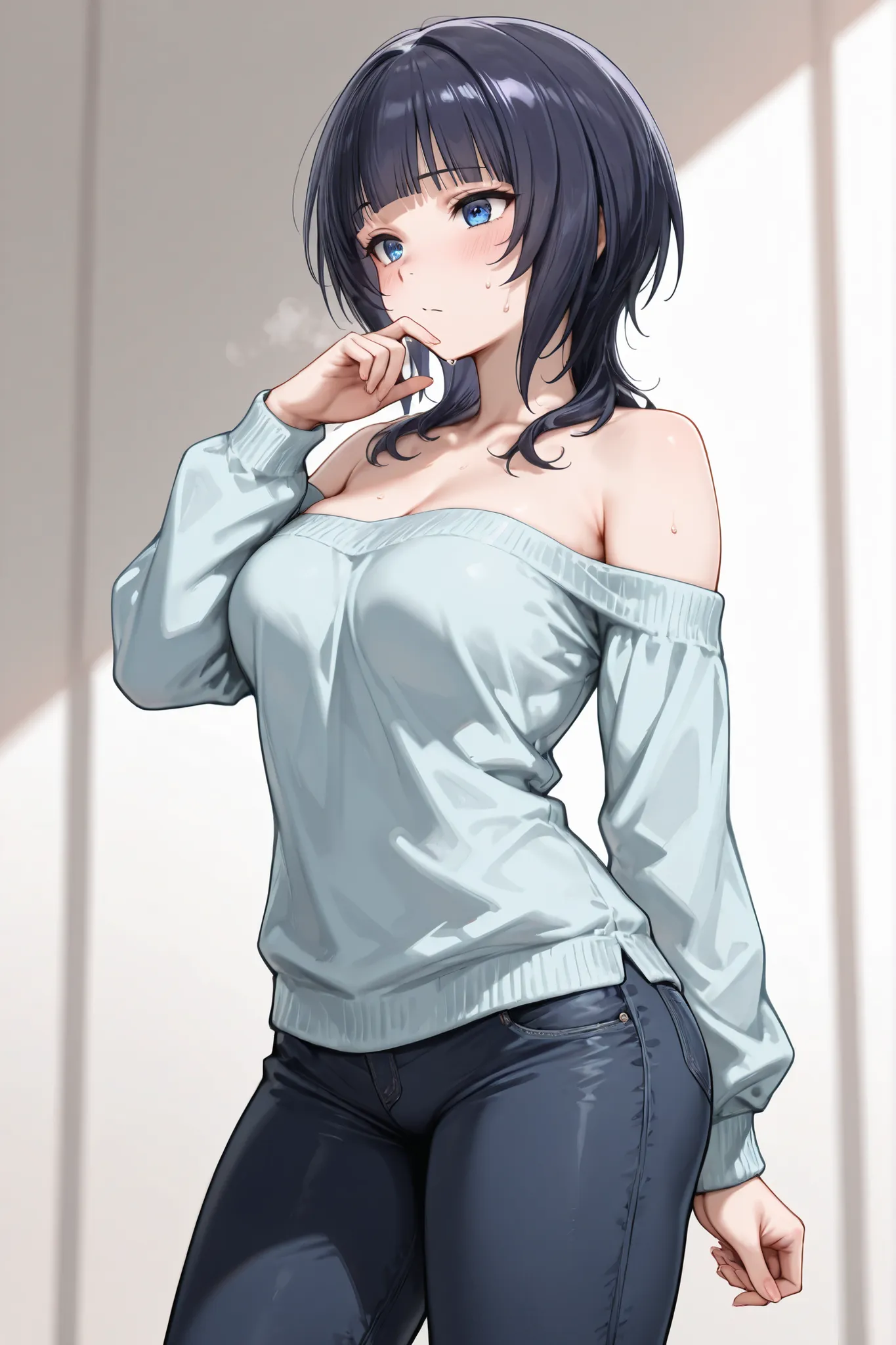 ((Masterpiece)),((best quality)),((incredibly absurdres)),((8K)),(semi realistic),
1 girl,solo,朝香果林,asaka karin,blunt bangs, blue eyes,black hair,medium hair,curvy,baby face,medium breasts,
pale light blue shirt,off shoulder,strapless shirt,jeans,
uneasy,s...