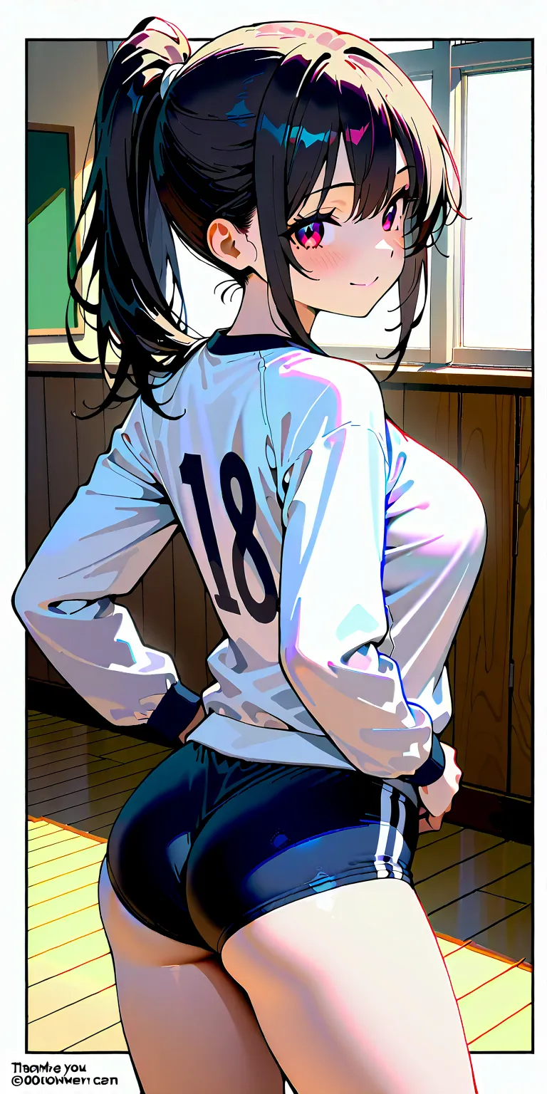 (((article ,"thank you!600 followers!")Please write this text horizontally)),(beautiful girl : 1.3),1 girl,(white gym clothes,long sleeve,dark blue buruma),black hair,ponytail,smile,embarrassing,blush,put hands on lower back,Schoolyard,active,dynamic angles,masterpiece,Highest Quality,Rich Contrast,high image quality,8k,high-definition CG unit wallpaper,texture,unbelievably absurd, RAW photos ,deep border 1 .2,very detailed