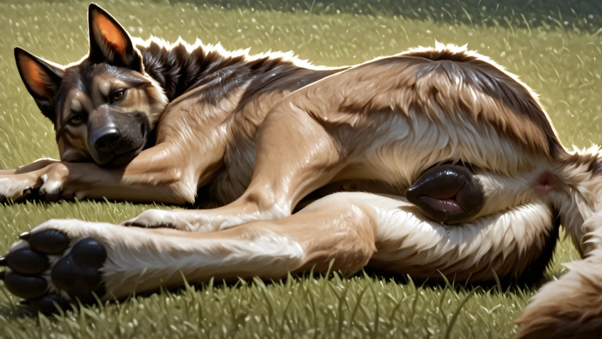 best quality, high res, very aesthetic, ((feral)), [fluffy tail], paws, german shepherd, (long fur), (detailed fur), outdoors, (canine pussy), solo, (big pussy), [pussy juice], cinematic, fluffy, claws, (on side), [perspective], 4 toes, low-angle view, low...