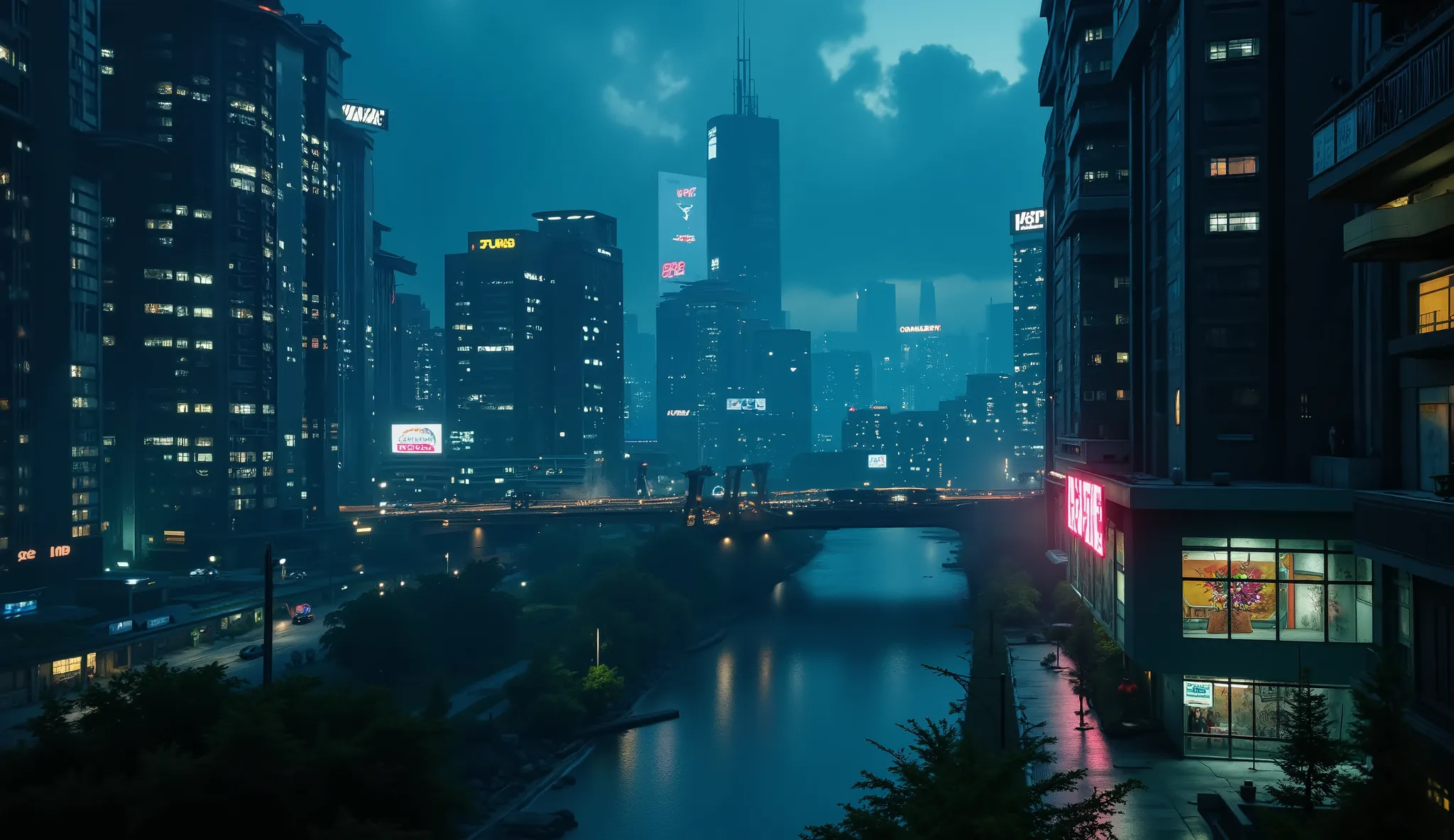 Photorealistic. (((Masterpiece))). Future style, Ski-Fi, night city covered by rain, but continues to live. Highly detailed. Masterpiece, gorgeous, beautiful, awe striking, breath taking, evocative, sumptuous, aesthetic, unique, HD. Masterpiece, gorgeous, ...