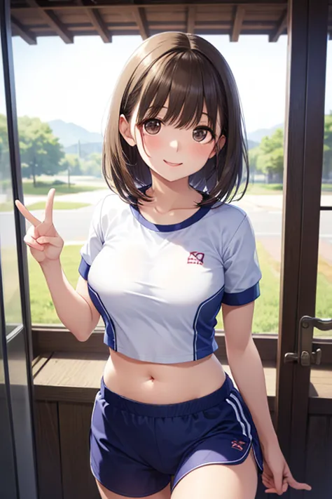 
 beautiful hair,  beautiful face,  perfect fingertips 、  PERFECT FIVE FINGERS 、 Attention to beautiful details,  beautiful collarbone,  beautiful body,  beautiful breasts ,   Beautiful Thighs,  Beautiful Legs With Tails,  beautiful fingers , 
( short sleeve cropped Gym clothes,belly button、 bloomers to hug:1.5,), 
(  beautiful scenery ),  evening, Gym,  Peace sign, (pretty smile,   Upward gaze  ),  , , 、，..



,( masterpiece, best quality, high resolution, ultra high resolution, pixel perfect, depth of field, 4K, RTTX10.0),
、Anegasaki Nene, shiny brown hair, beautiful brown eyes, smiling face, sparkling pupils, (fine grain), , highly detailed face,, (masterpiece:1.2, best quality), ((only1 girl)), ((cowboy shot))