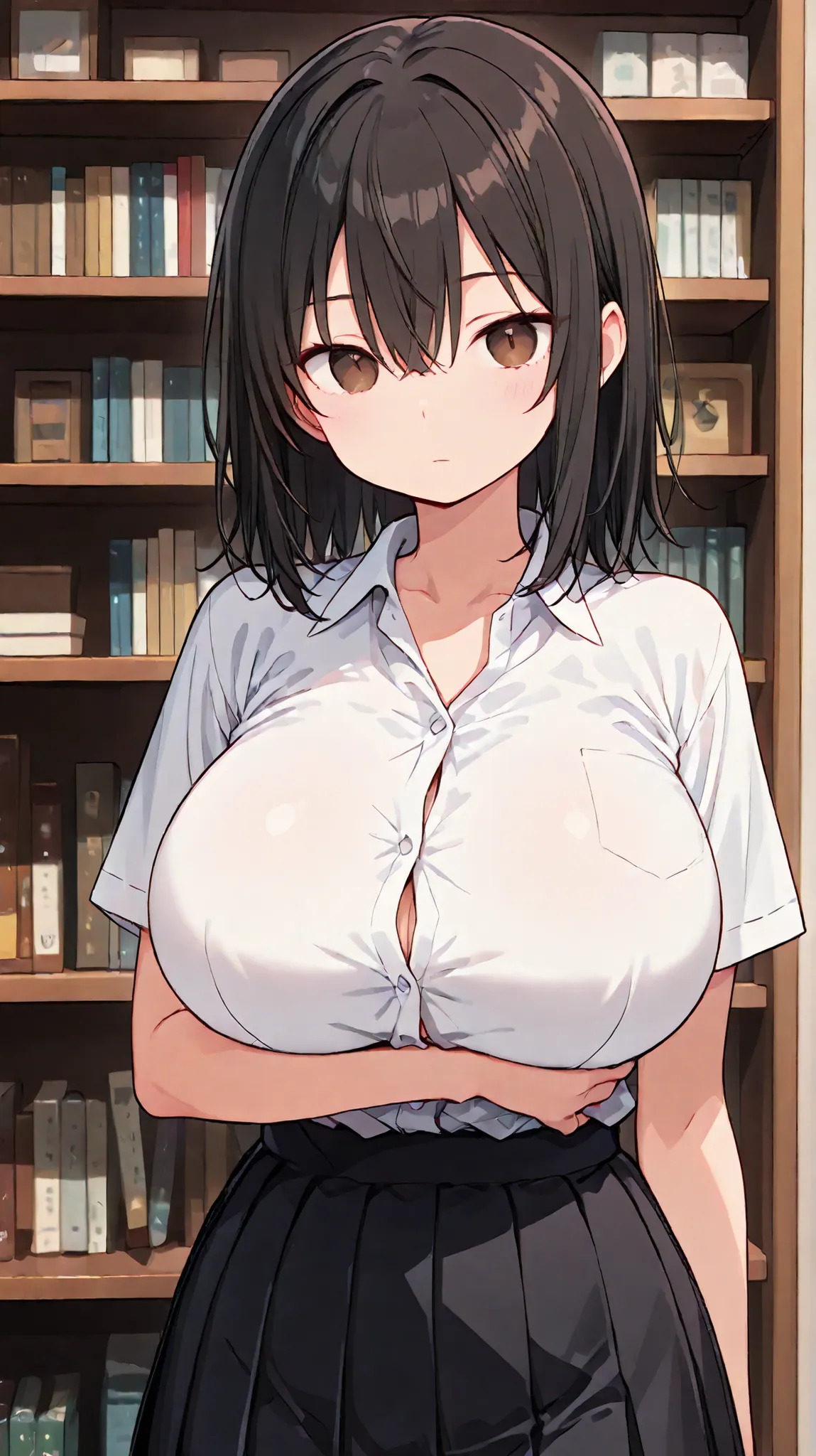 1 picture, 1 girl, black hair, hair between eyes, medium hair, wide sharp eyes, brown eyes, expressionless, blushed, hand under bust, huge breasts, white top, button up shirt, short sleeves, black bottom, short pleated skirt, front view, half body, backgro...