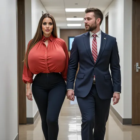 a very attractive 50yo business woman, juicy saggy breasts, low hanging breasts, braless, macromastia, wide hips, strong big thighs,  medium belly, very long beautiful open hair, correct and conservative business attire, silky red high-necked and oversized...