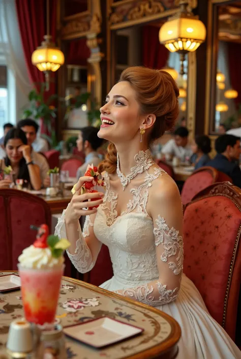 An awards winning masterpiece  visually hooked picture of year 1886 Beautiful chestnut  hair Dutch young woman, happily laughter, she has a large glass of shaved ice with maple syrup and strawberry seasoning on an art deco table at the lavish Batavian cafe...