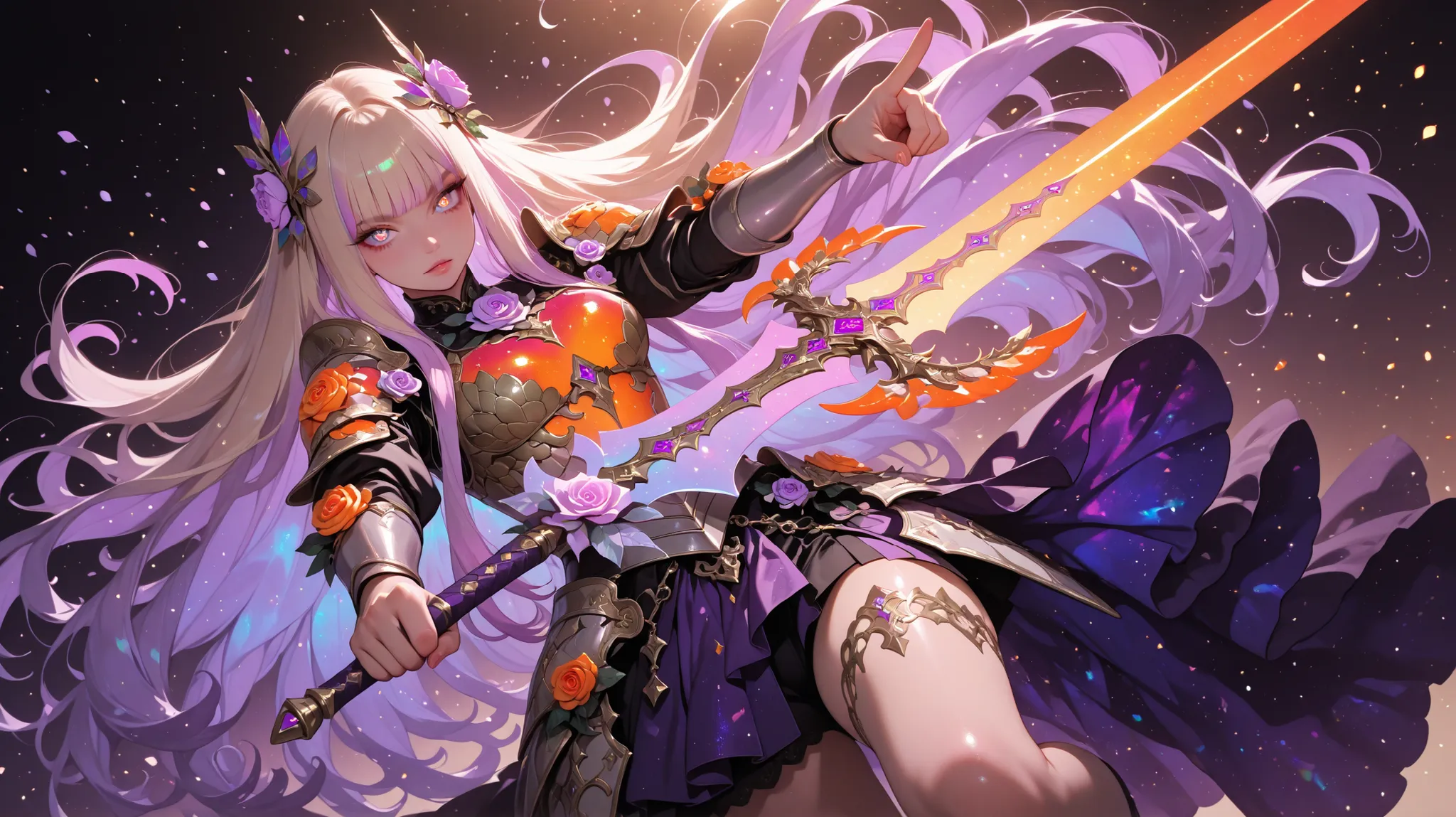 Girl, rose flower armor, intricate armor, intricate swords, glowing sword, gloss, glow, shine, pink color, orange color, violet color, lilac color, purple color, iridescence, pointing sword to viewer, ornater hair ornaments, extra long hair, beige color ha...