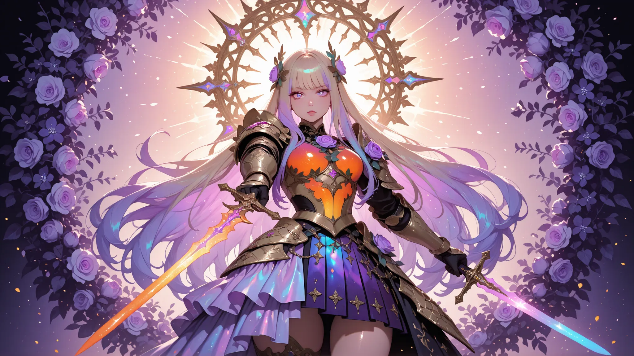Girl, rose flower armor, intricate armor, intricate swords, glowing sword, gloss, glow, shine, pink color, orange color, violet color, lilac color, purple color, iridescence, pointing sword to viewer, ornater hair ornaments, extra long hair, beige color ha...
